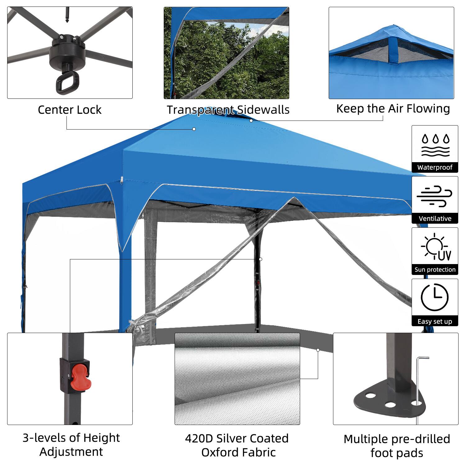 - Center Lock
- Transparent Sidewalls
- Keep the Air Flowing
- Waterproof
- Ventilative
- UV Sun protection
- Easy set up
- 3-levels of Height Adjustment
- 420D Silver Coated Oxford Fabric
- Multiple pre-drilled foot pads