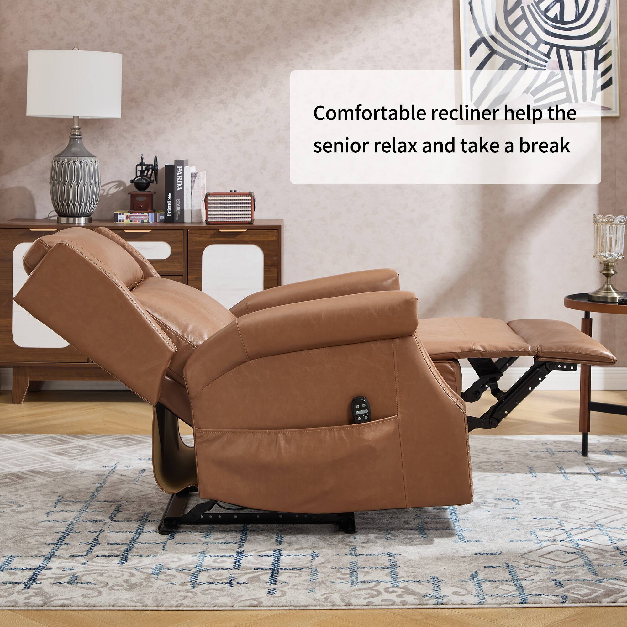 Comfortable recliner helps the senior relax and take a break.
