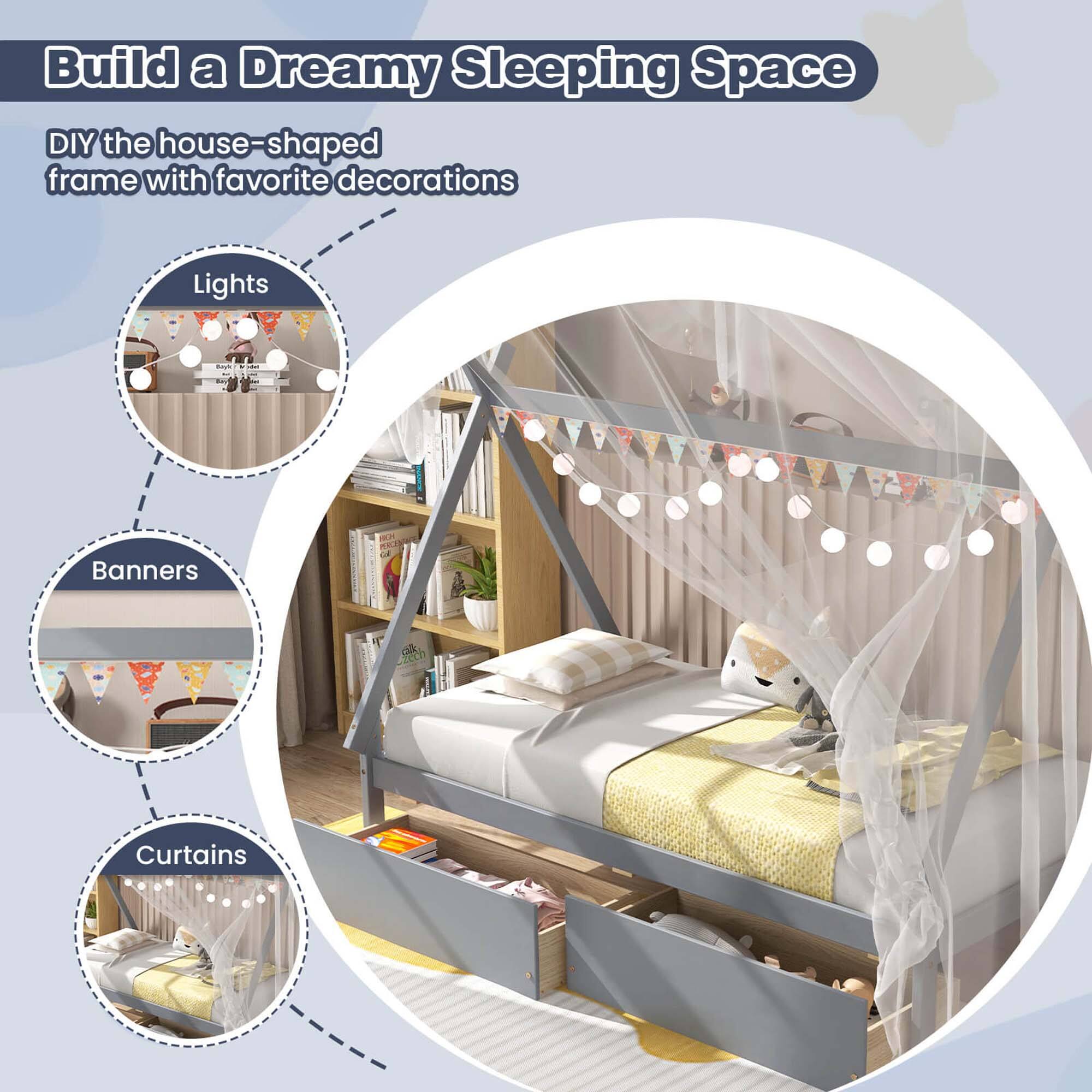 Build a Dreamy Sleeping Space: DIY the house-shaped frame with favorite decorations. Lights, Banners, Curtains.