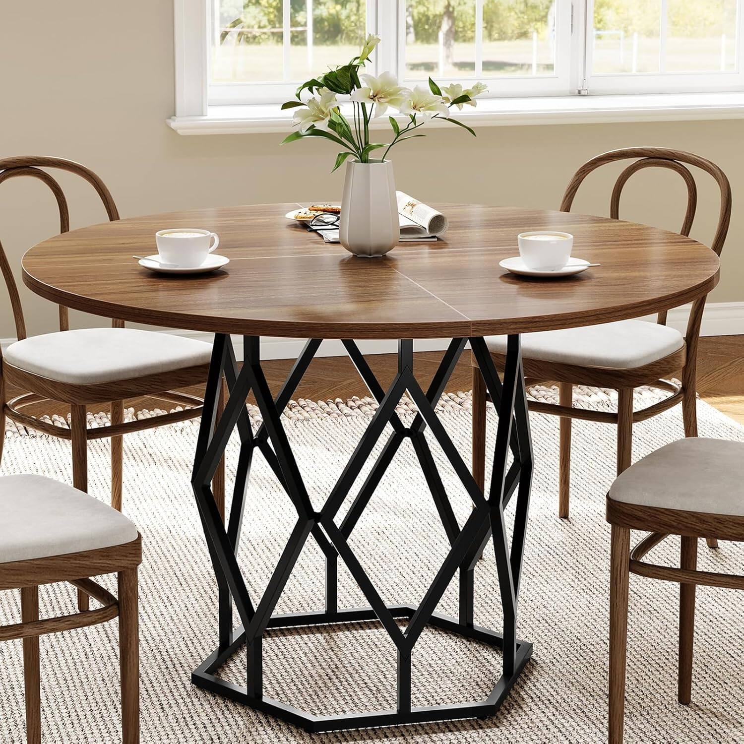 Alt View 2. Jojoka - Kitchen Table Round Dining Table for 4-6 People for Dining Room, Home Office, Living Room - Brown.
