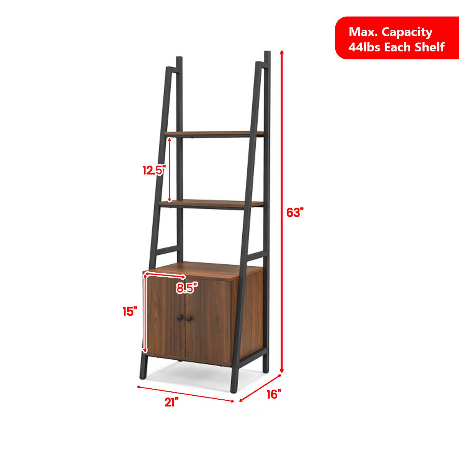 Max. Capacity 44lbs Each Shelf  
12.5"  
63"  
8.5"  
15"  
21"  
16"