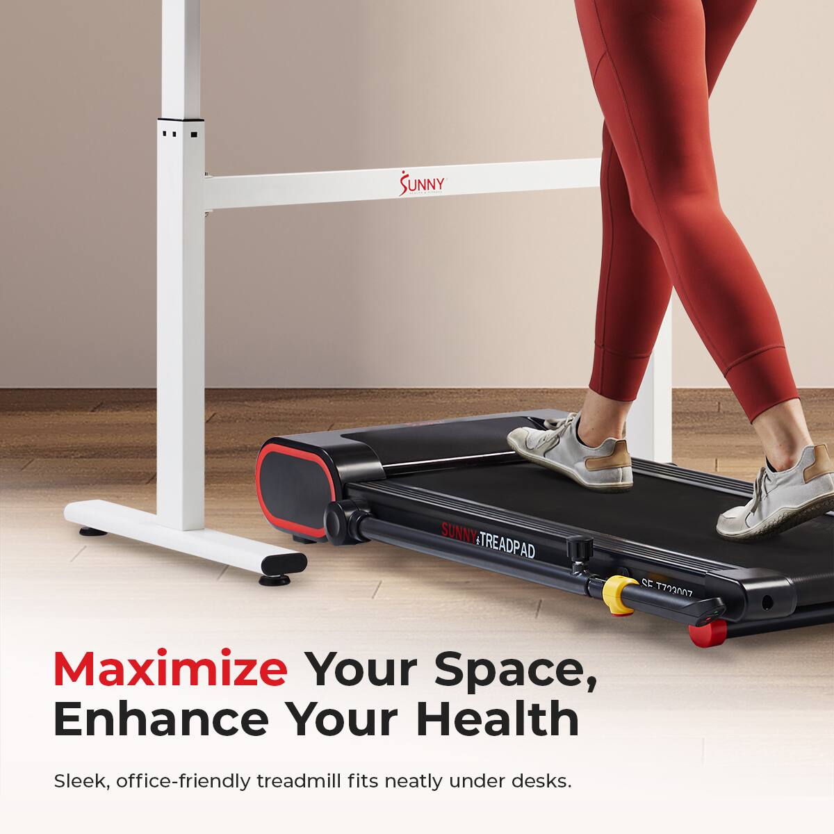 SUNNY TREADPAD AD CC 7207, Maximize Your Space, Enhance Your Health, Sleek, office-friendly treadmill fits neatly under desks.