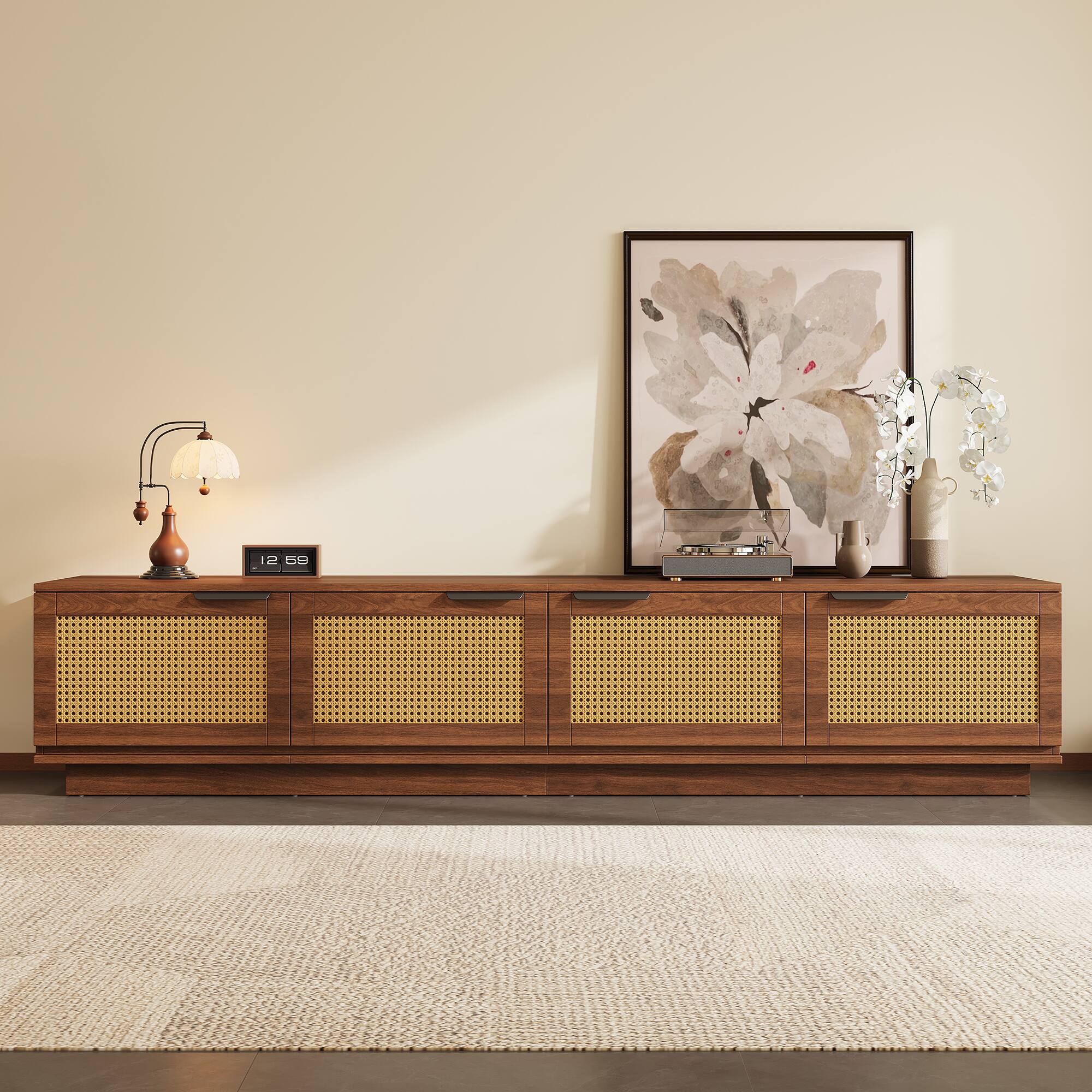 Left. MERAVOM - 78 Inch TV Stand for TVs up to 85-Inch, Media Console with 4 Rattan Doors, Modern Entertainment Center for Living Room - Walnut.
