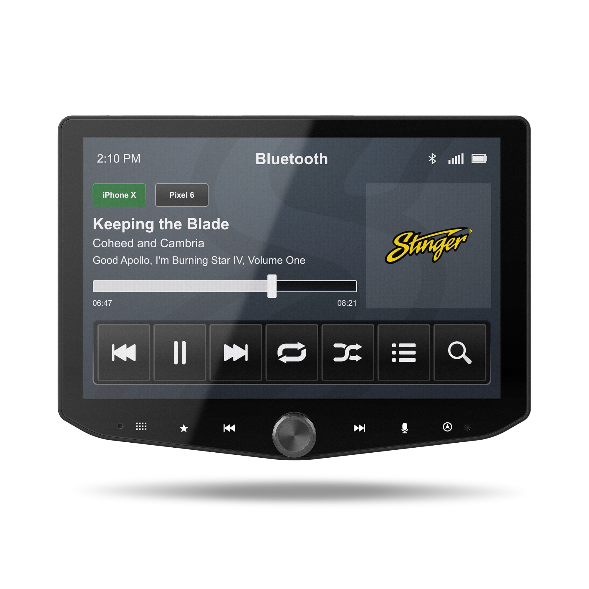 The image shows a Bluetooth device with the time 2:10 PM displayed on the screen. The device is connected to an iPhone and a Pixel 6 phone. The music player is currently playing the song "Keeping the Blade" by Coheed and Cambria from the album "Good Apollo, I'm Burning Star IV, Volume One." The song is being played by the Stinger. The image also shows the time of 06:47 and 08:21 on the screen.