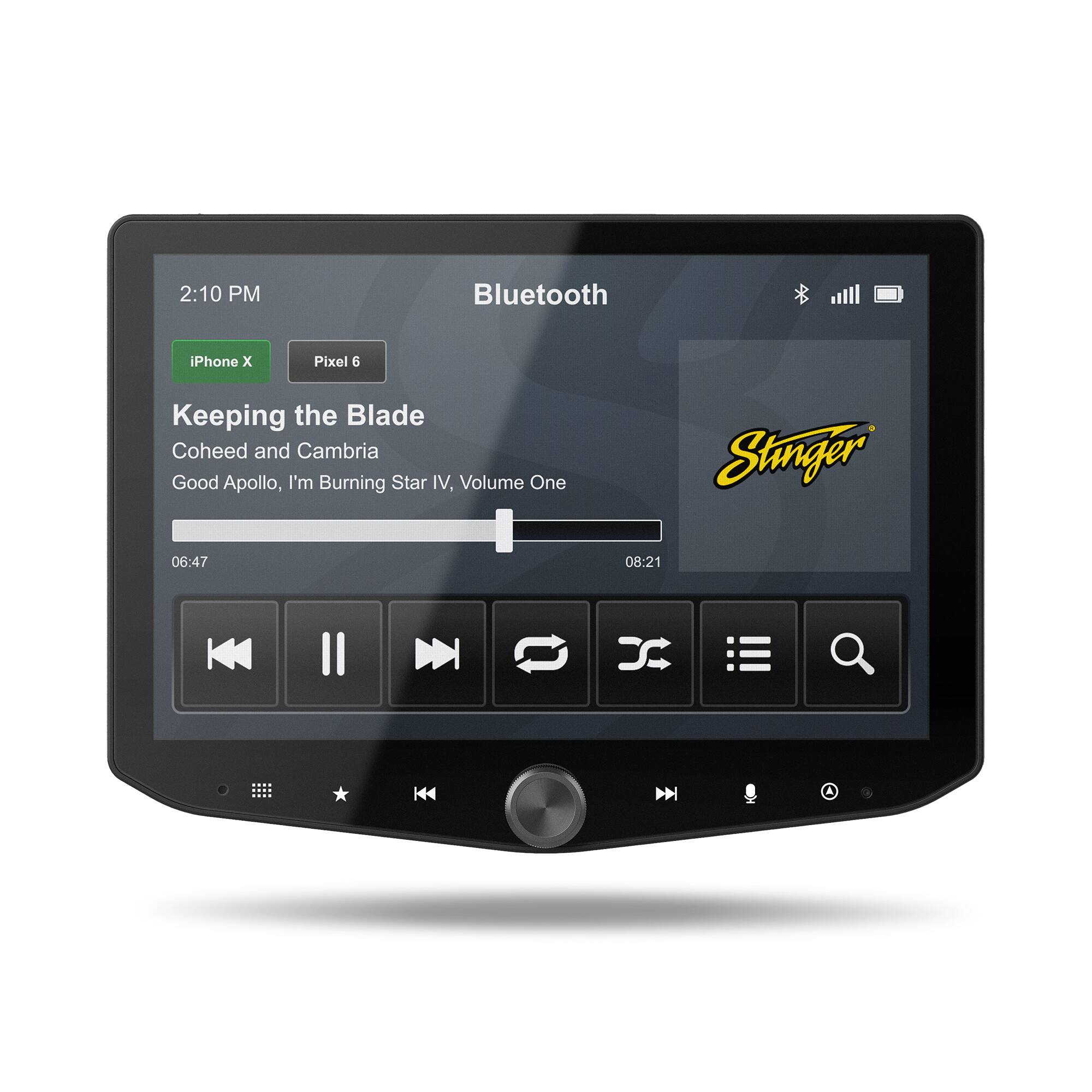 The image shows a Bluetooth device with the time 2:10 PM displayed on the screen. The device is connected to an iPhone and a Pixel 6 phone. The music player is currently playing the song "Keeping the Blade" by Coheed and Cambria from the album "Good Apollo, I'm Burning Star IV, Volume One." The song is being played by the Stinger. The image also shows the time of 06:47 and 08:21 on the screen.