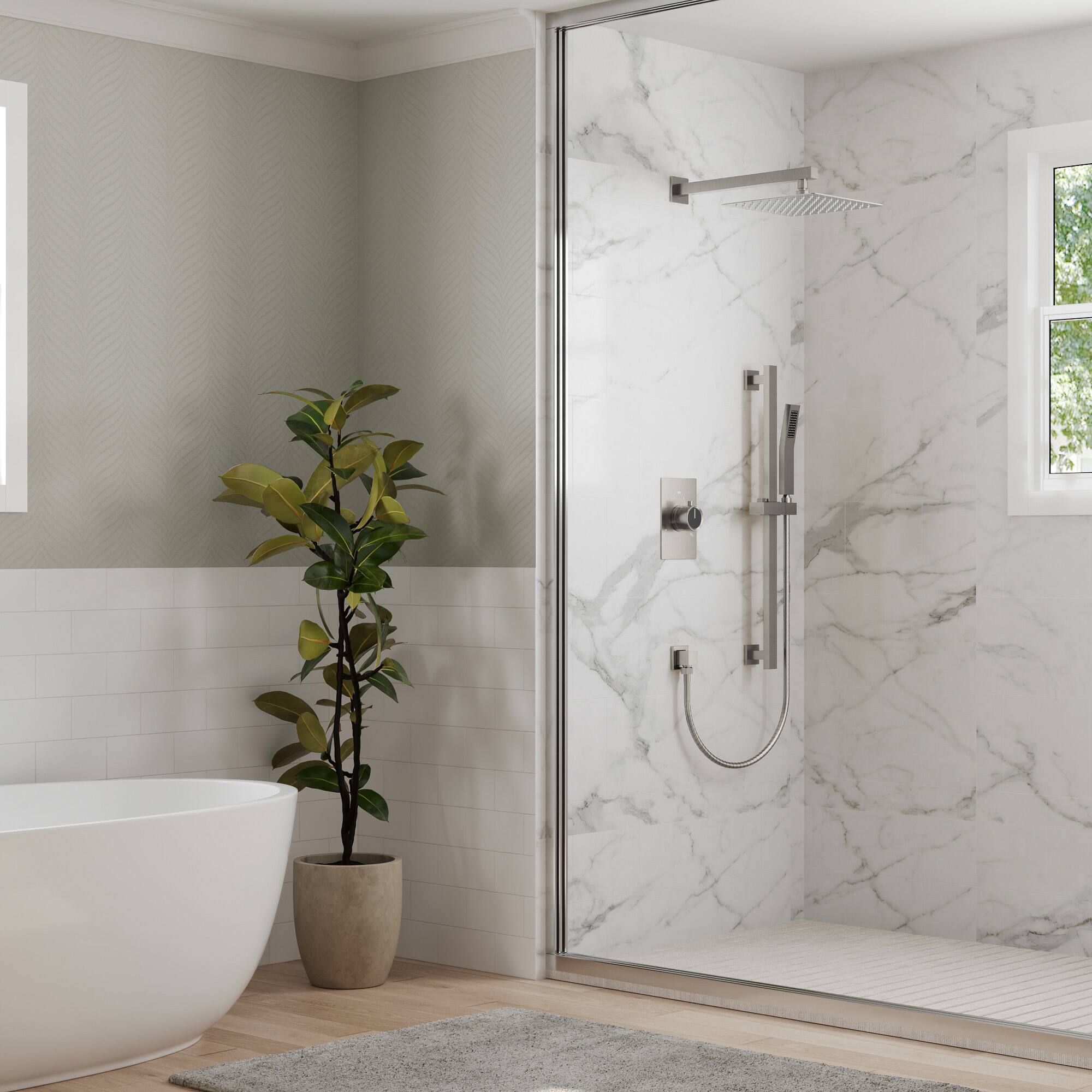 Left. GRANDJOY - 10" High Pressure Rain Shower System with Handheld Shower and 2-Function Mixer Valve - Brushed Nickel.