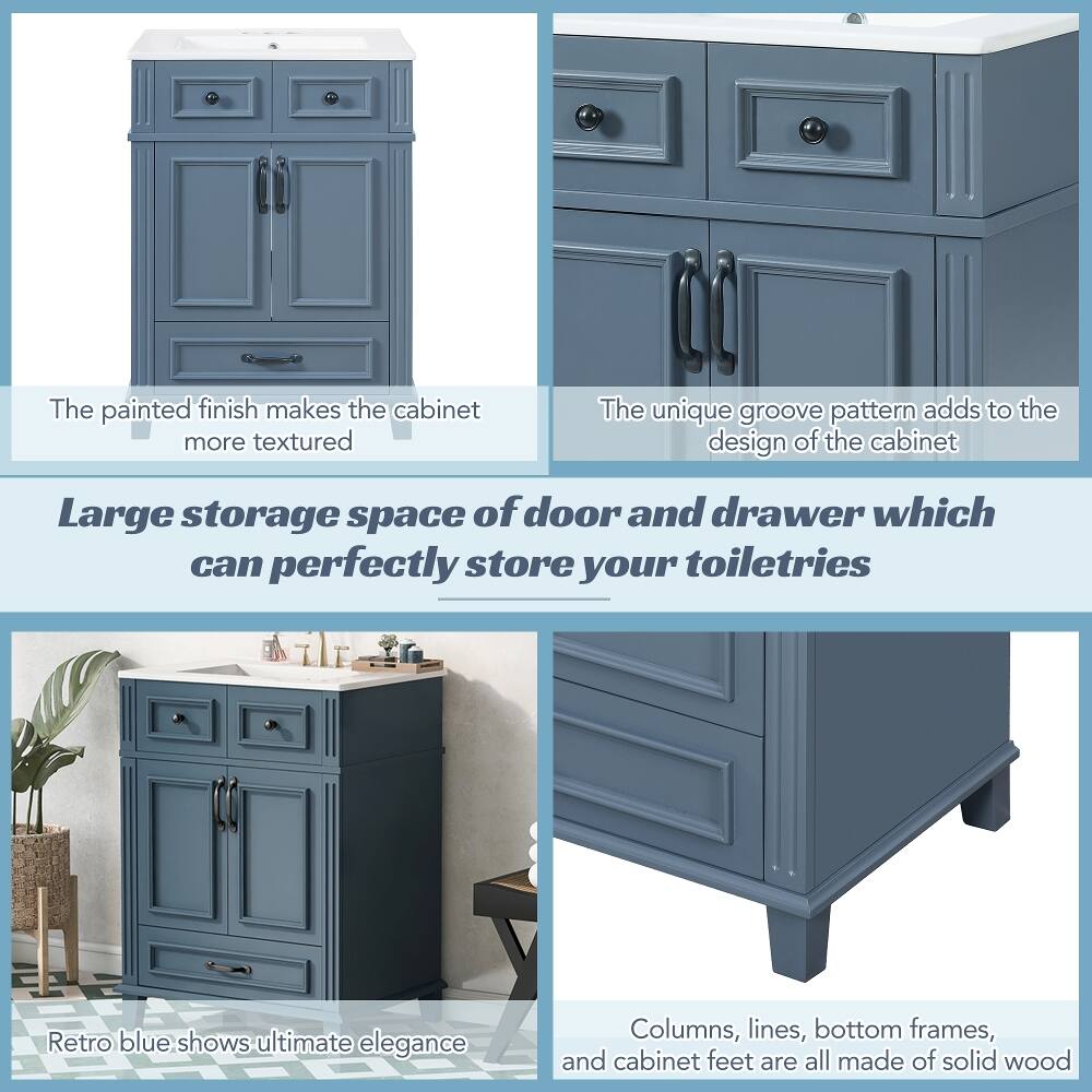 The painted finish makes the cabinet more textured.  
The unique groove pattern adds to the design of the cabinet.  
Large storage space of door and drawer which can perfectly store your toiletries.  
Retro blue shows ultimate elegance.  
Columns, lines, bottom frames, and cabinet feet are all made of solid wood.