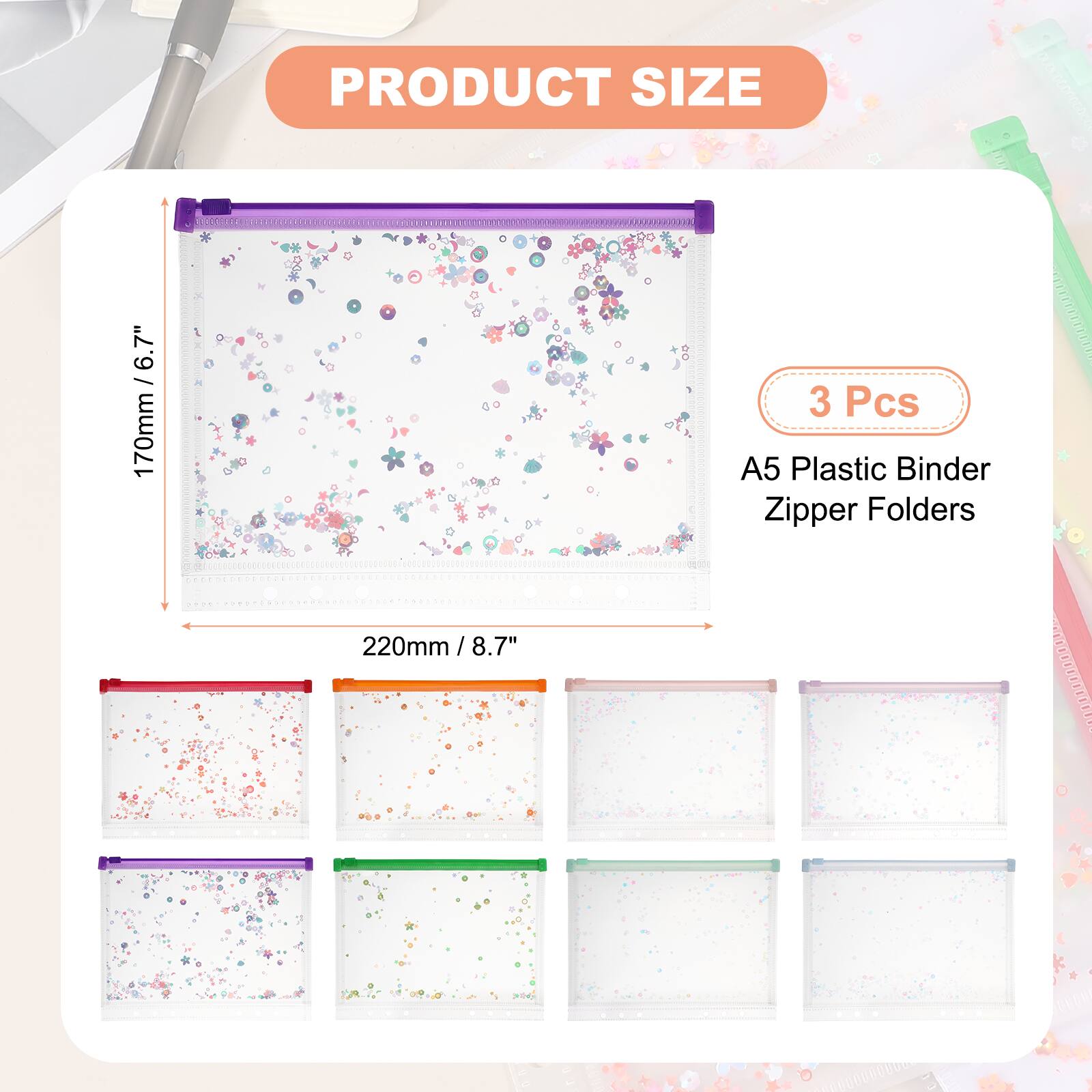 PRODUCT SIZE 6.7" / 170mm  
3 Pcs A5 Plastic Binder Zipper Folders  
220mm / 8.7"