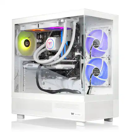 The image shows a white computer tower with its side panel removed, revealing the internal components. The tower is equipped with a MSI motherboard, a graphics card, and two fans. The fans are positioned on both sides of the tower, providing efficient cooling for the system. The computer tower is a part of a larger setup, which also includes a keyboard and a mouse.