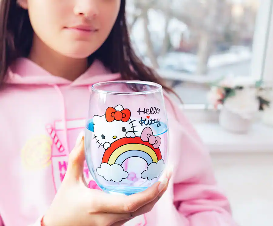 Silver Buffalo Sanrio Hello Kitty Rainbow Peek Stemless Wine Glass ...