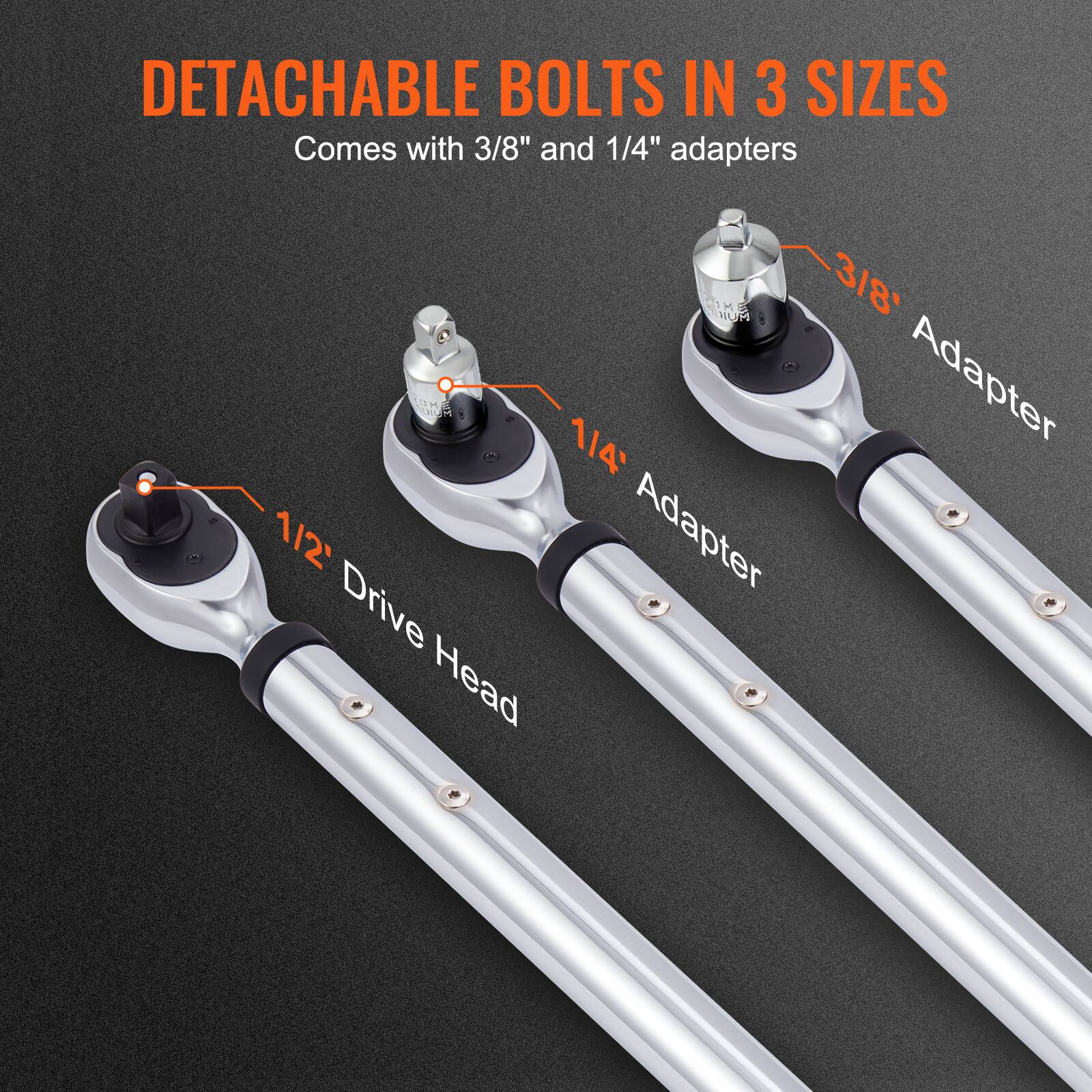 DETACHABLE BOLTS IN 3 SIZES  
Comes with 3/8" and 1/4" adapters  

1/2" Drive Head  
1/4" Adapter  
3/8" Adapter