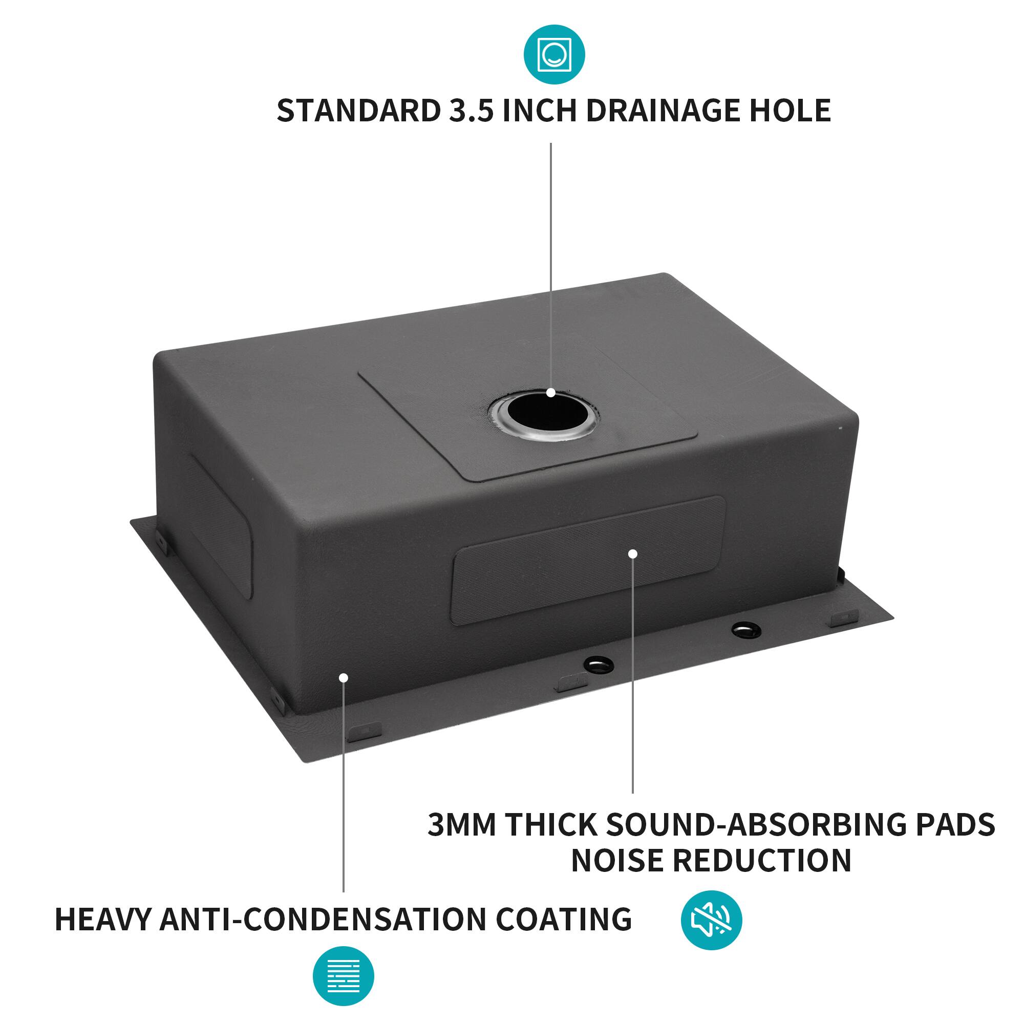 STANDARD 3.5 INCH DRAINAGE HOLE  
3MM THICK SOUND-ABSORBING PADS  
NOISE REDUCTION  
HEAVY ANTI-CONDENSATION COATING
