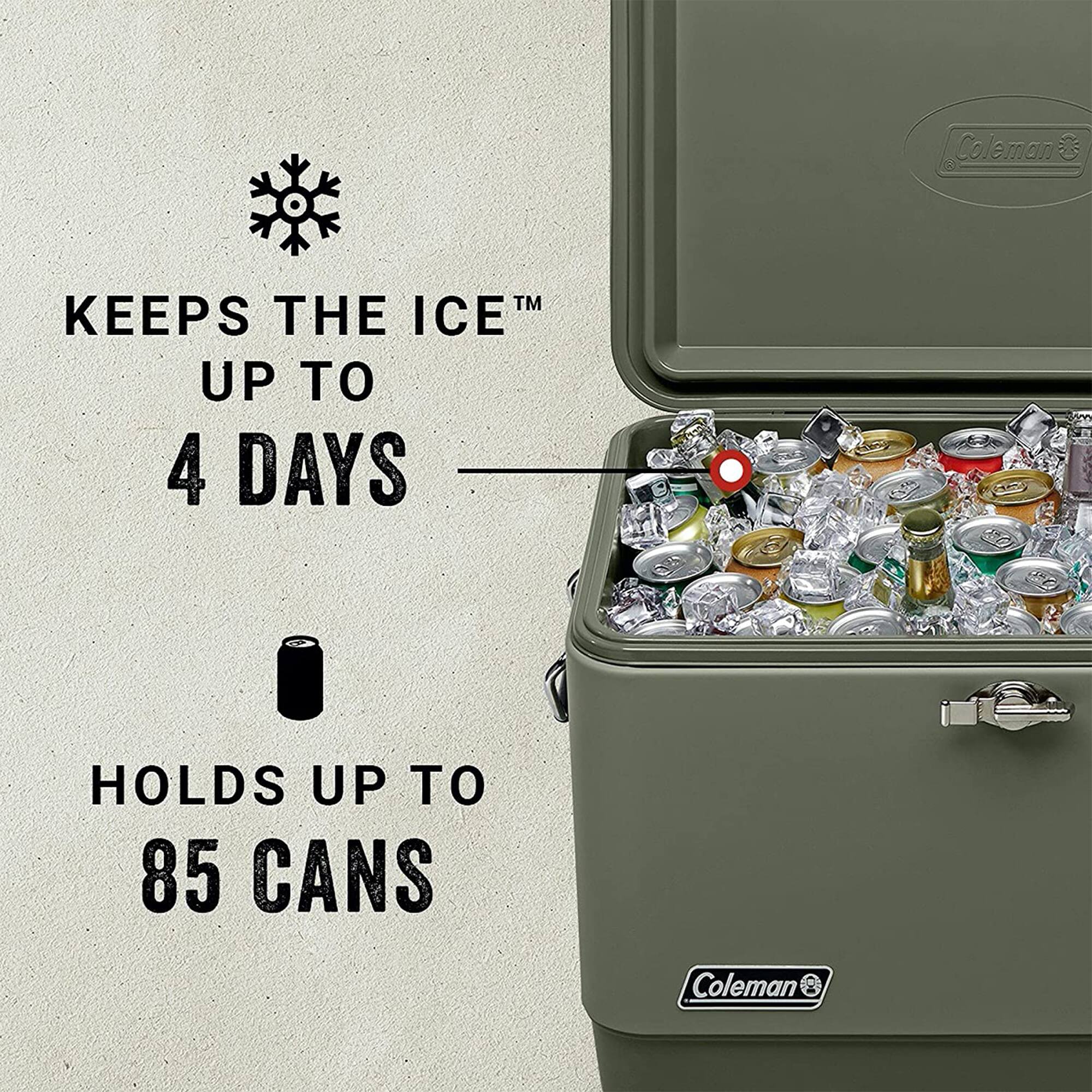 Coleman™ keeps the ice up to 4 days. Holds up to 85 cans.