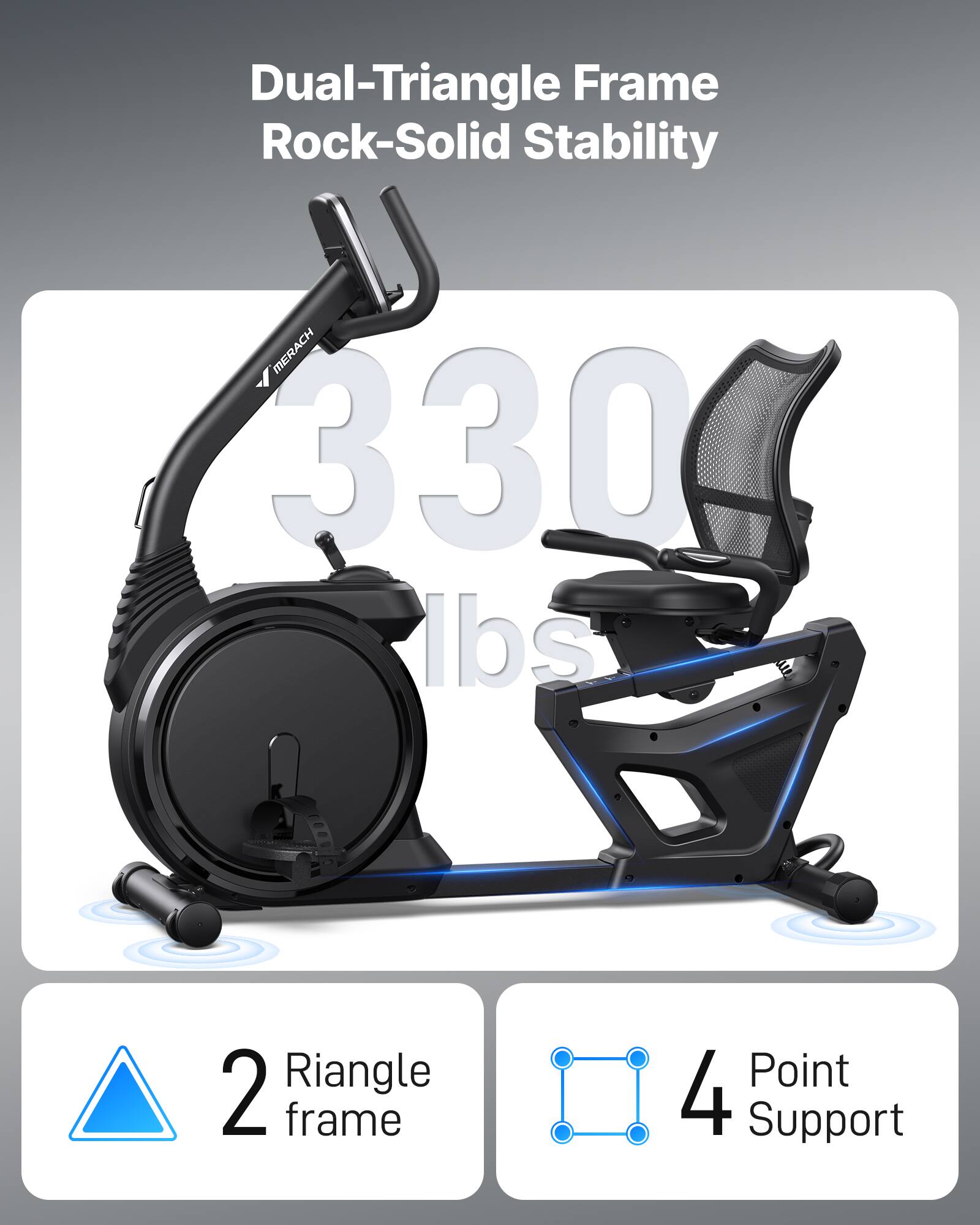 Dual-Triangle Frame Rock-Solid Stability  
MERACH 330 lbs  
2 Triangle Frame  
4 Point Support