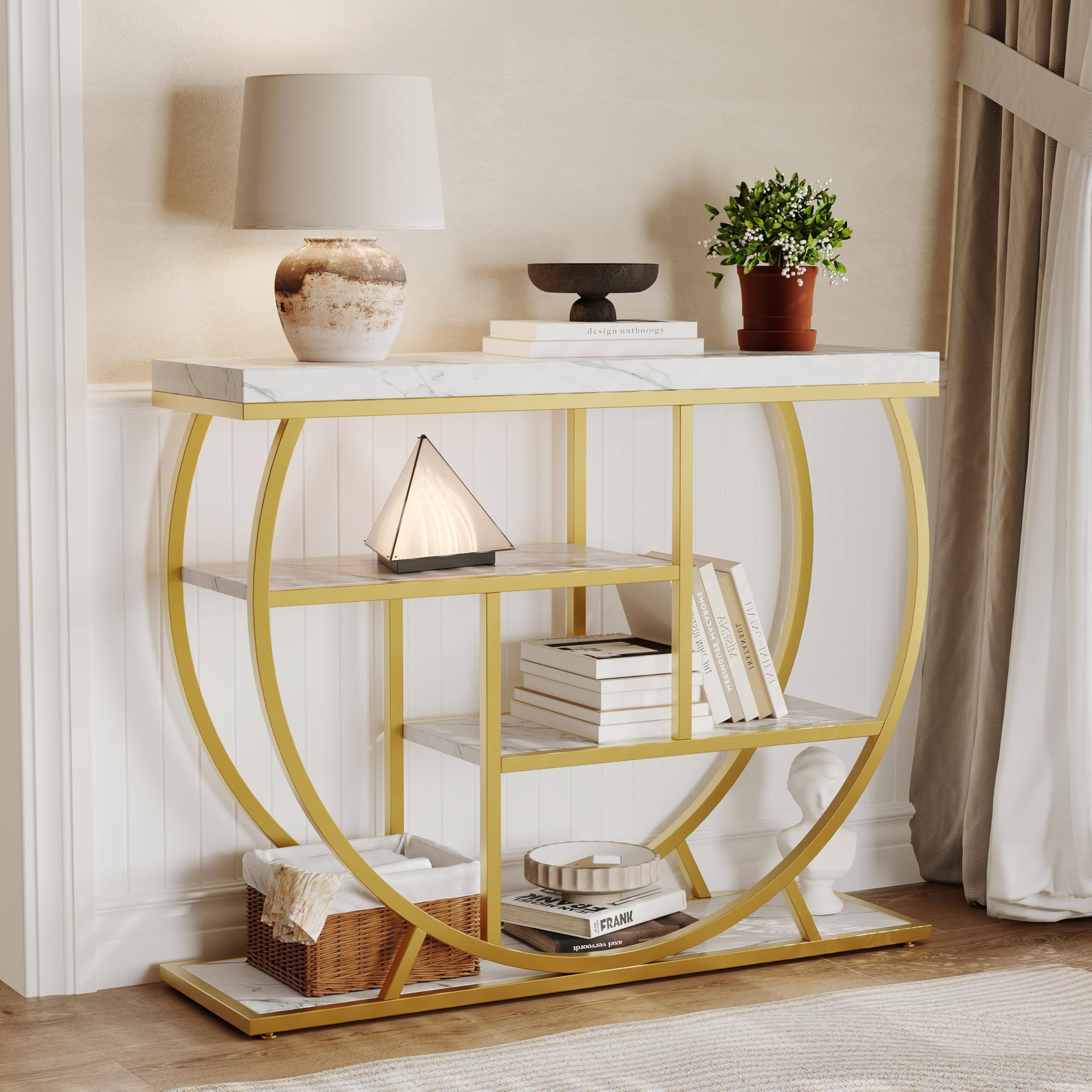 Qeetex - Entryway Table with 4-Tier Storage, 39" Narrow Console Table for Living Room, Hallway & Foyer, Half-Circle Base - Gold & White