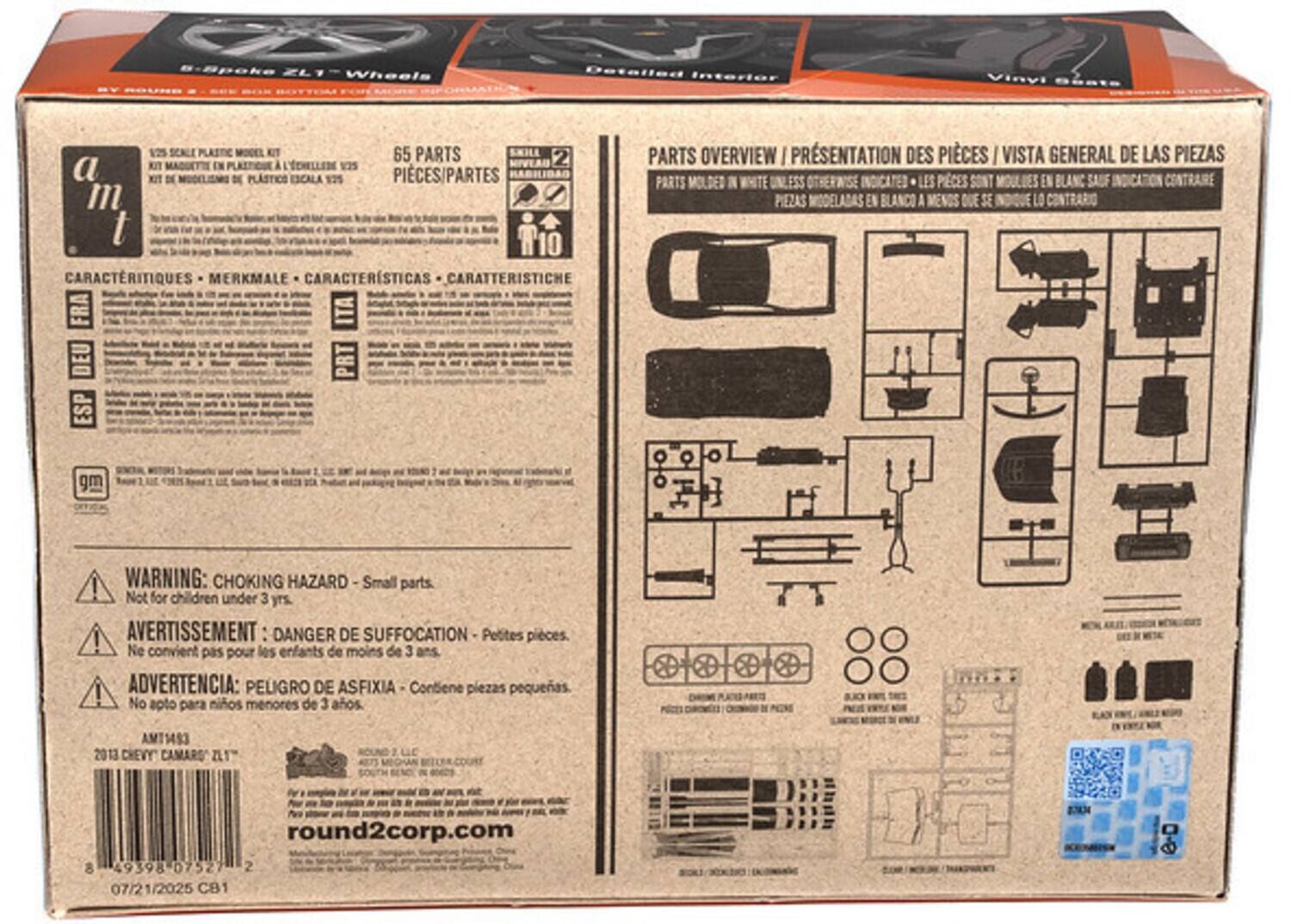 aV s-Spoke Z1 Wheels Detailed Interior 1:25 Scale Plastic Model Kit 65 Parts 2 a Kit Maquette En A L'Origine 5 Kit D De Plastiques Escala 1:25 Piezas/Partes Habilitad m t T10 Caracteristiques Merkmale Caracteristicas Caratteristiche Fra Ita Deu Esp Parts Overview / Présentation Des Pièces / Vista General De Las Piezas Parts Molded In White Unless Otherwise Indicated / Piezas Modeladas En Blanco A Menos Que Se Indique Lo Contrario

Warning: Choking Hazard - Small parts. Not for children under 3 yrs.  
Avertissement: Danger de suffocation - Petites pièces. Ne convient pas pour les enfants de moins de 3 ans.  
Advertencia: Peligro de asfixia - Contiene piezas pequeñas. No apto para niños menores de 3 años.

2013 Chevy Camaro A1  
round2corp.com  
8 49398 0752 2 07/21/2025 C81