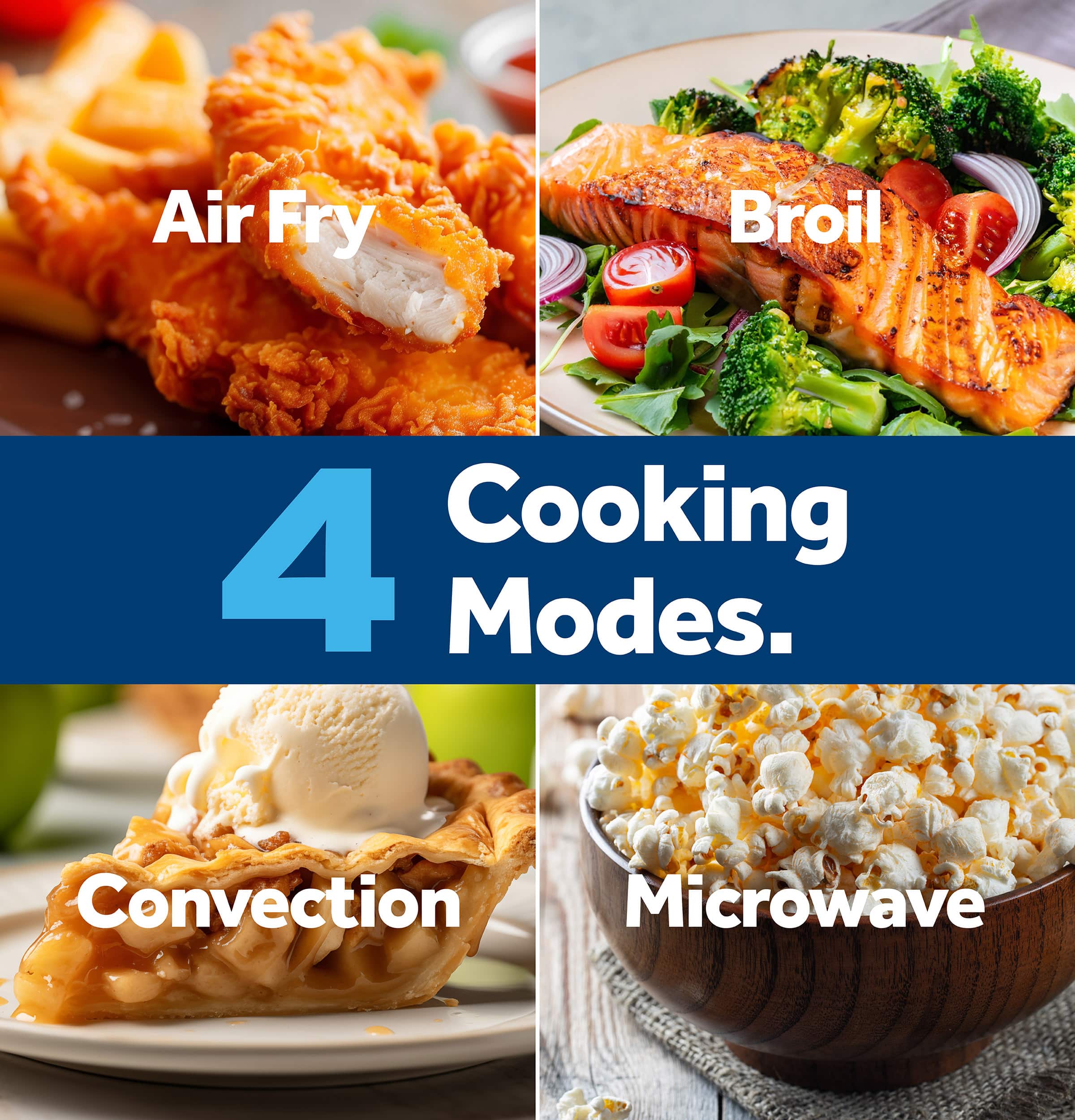 The image features four different cooking modes: Air Fry, Broil, Convection, and Microwave. These modes are showcased with various food items, such as chicken, broccoli, and a bowl of popcorn, to demonstrate their capabilities. The image emphasizes the versatility and convenience of these cooking modes, making it easier for people to prepare a variety of dishes in their home kitchen.