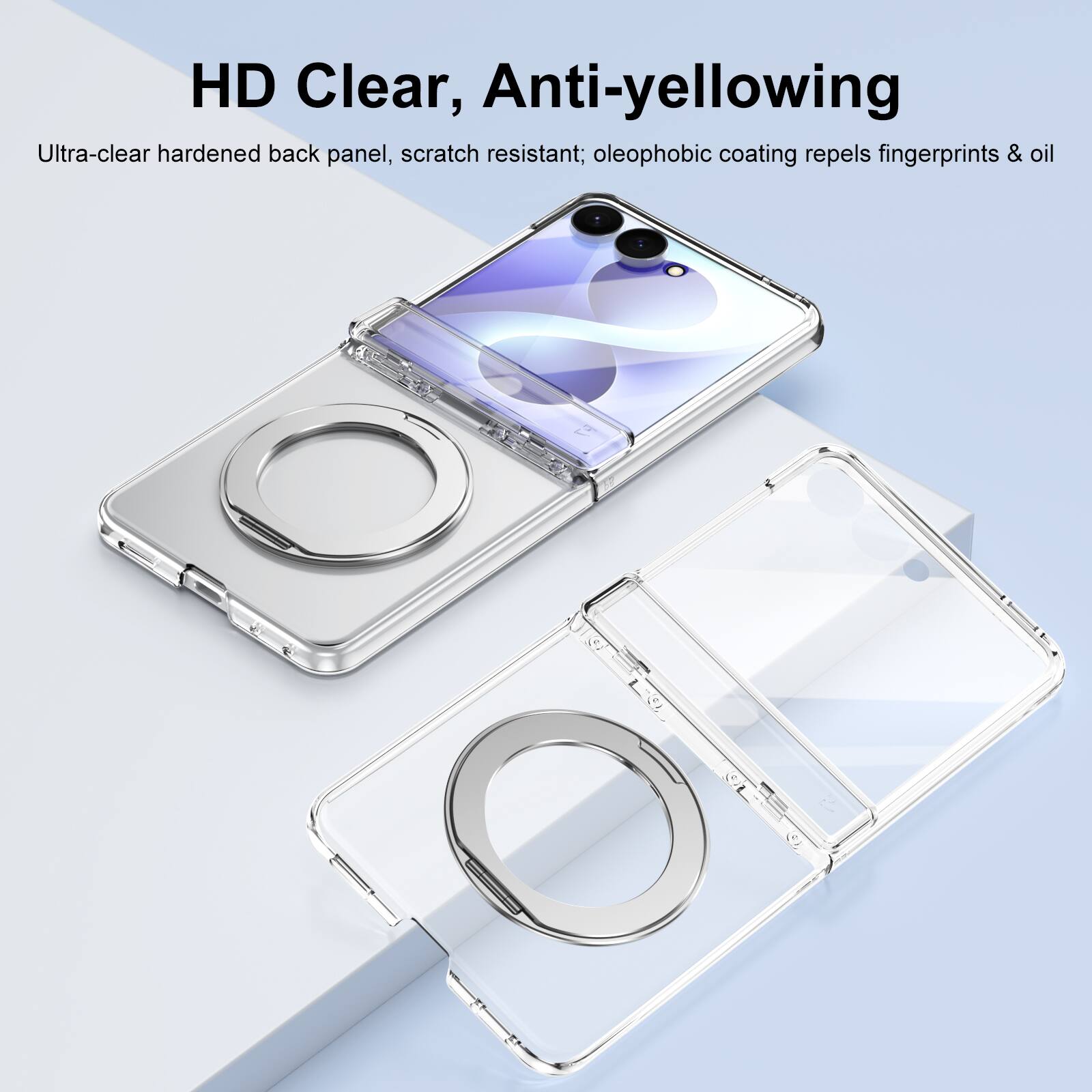HD Clear, Anti-yellowing  
Ultra-clear hardened back panel, scratch resistant; oleophobic coating repels fingerprints & oil