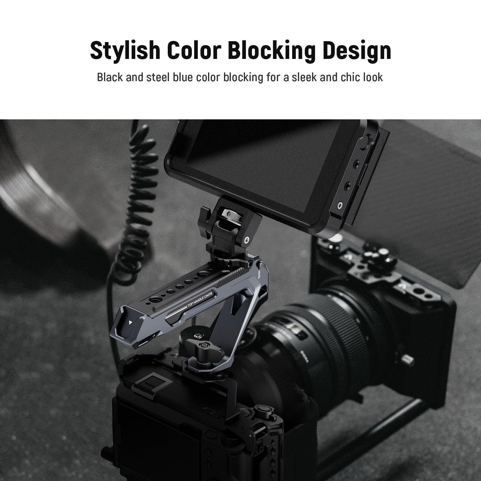 Stylish Color Blocking Design  
Black and steel blue color blocking for a sleek and chic look