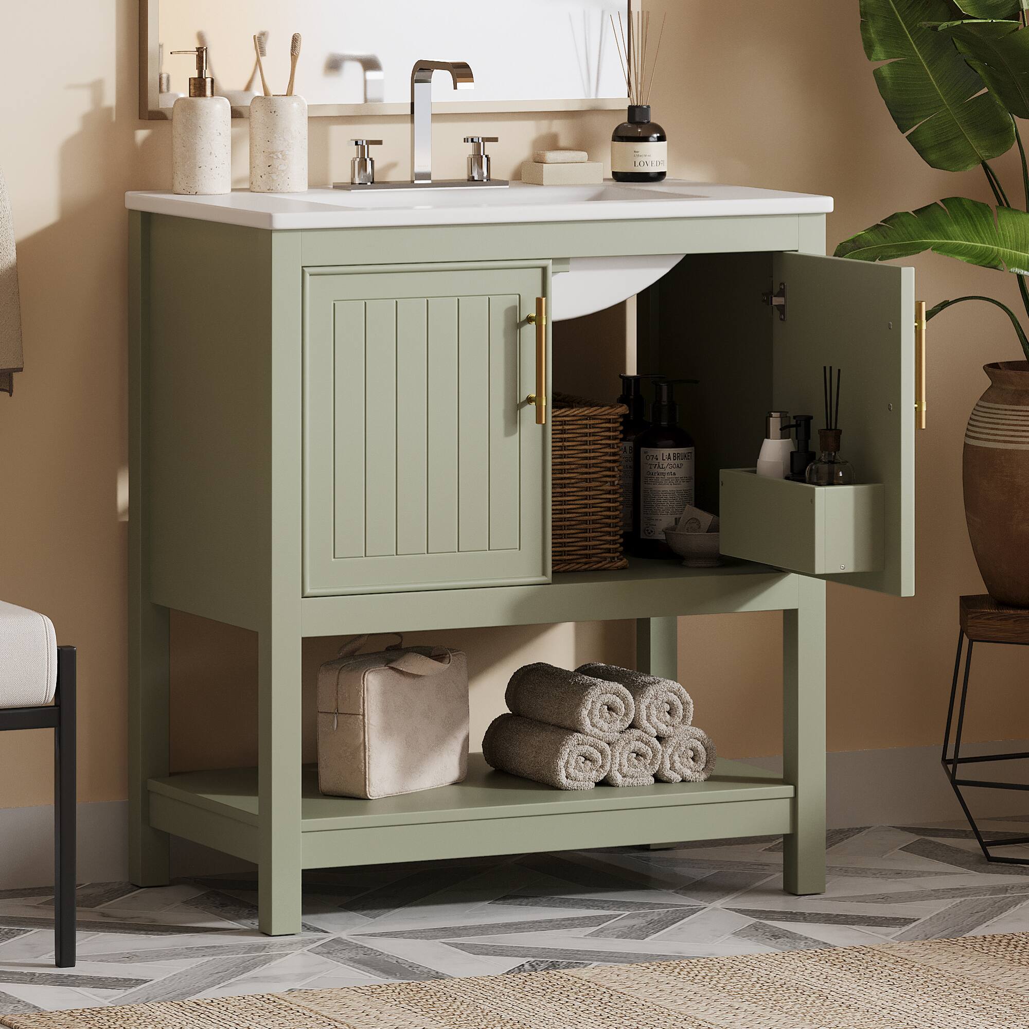 Left. ELEMENT ACE - Compact White Bathroom Vanity with Integrated Ceramic Sink and Spacious Storage Solution - Green.