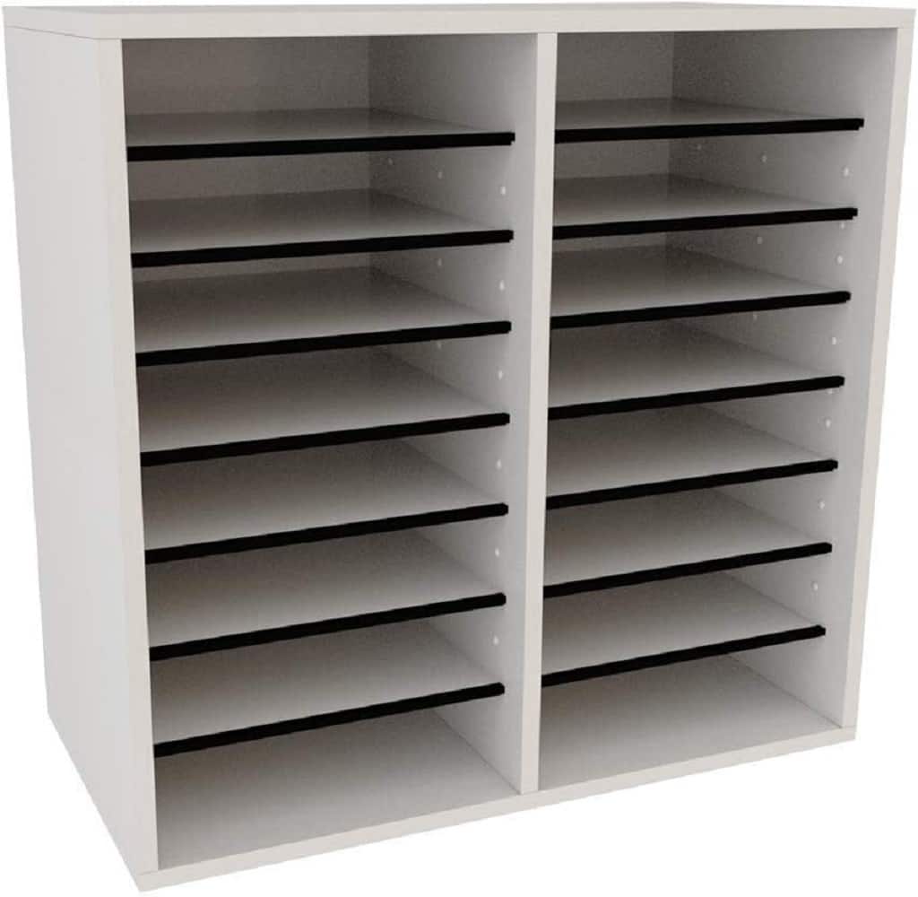 AdirOffice - Wood Adjustable 16 Compartment Literature File Organizer, 11.8”D x 20”W x 21.4”H - White