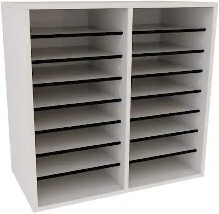 Front. AdirOffice - Literature Organizer, Wood Adjustable 16 Compartment Literature File Organizer, 11.8”D x 20”W x 21.4”H - White.