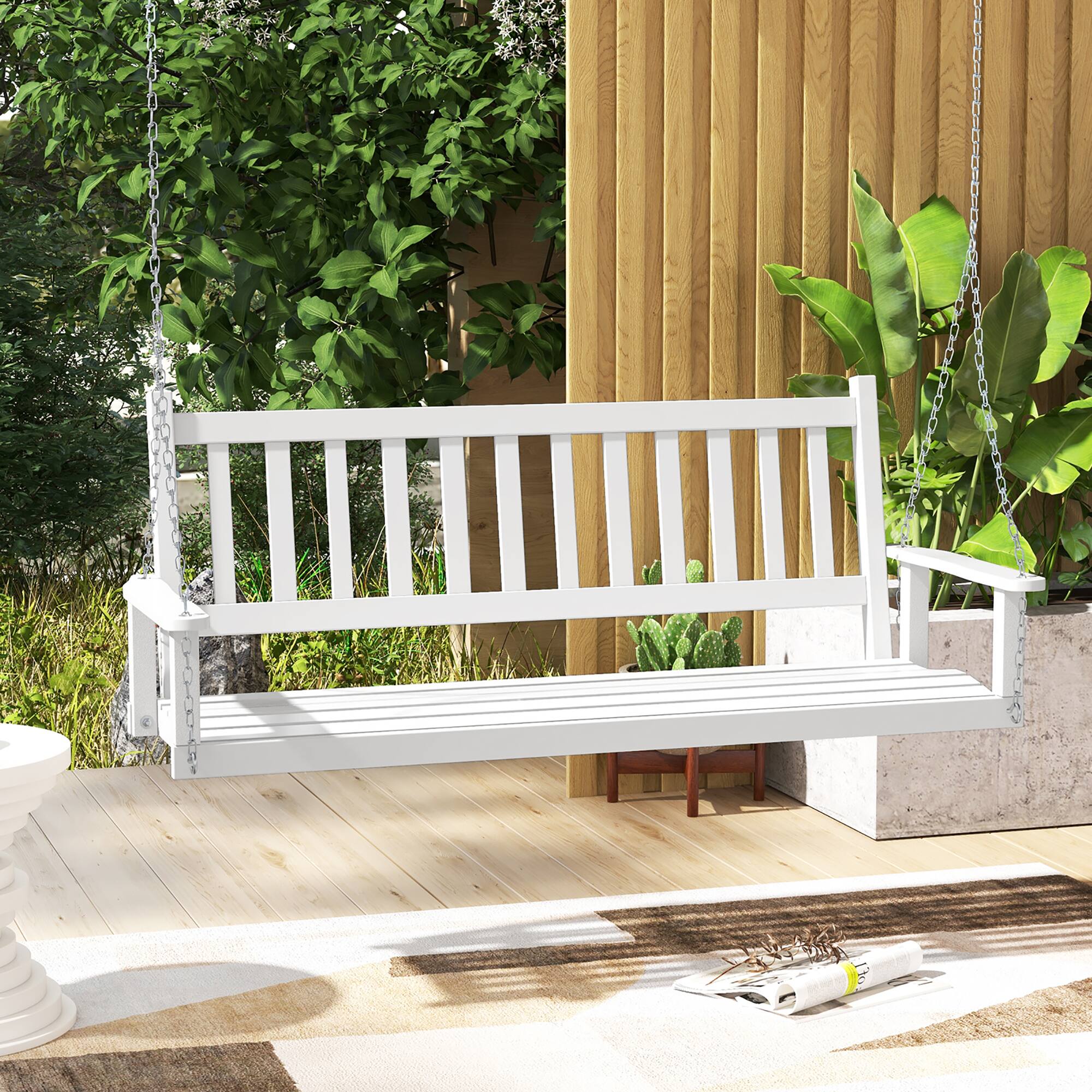 Alt View 3. Gymax - Gymax 5FT Wooden 3-Person Porch Swing Chair w/ Adjustable Galvanized Metal Chains White - White.