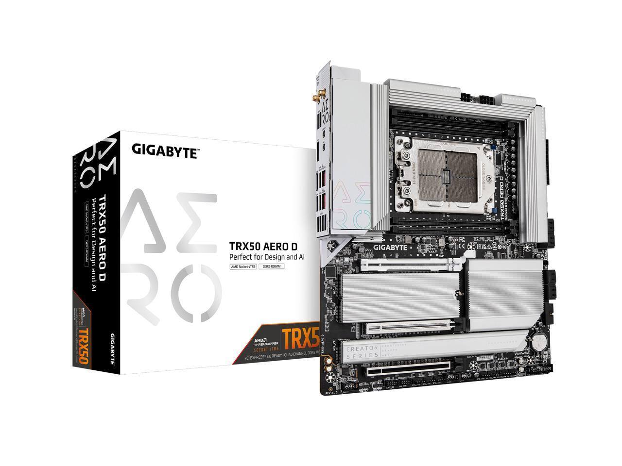 GIGABYTE  
TRX50 AERO D  
Perfect for Design and AI  
AMD Socket sTRX50  
DDR4 RAM  

TRX50  
Perfect for Design and AI  

GIGABYTE  
TRX50  
CREATOR SERIES  
PCI EXPRESS* 5.0 READY! QUAD CHANNEL, DDR4  

GIGABYTE  
TRX50  
CREATOR SERIES