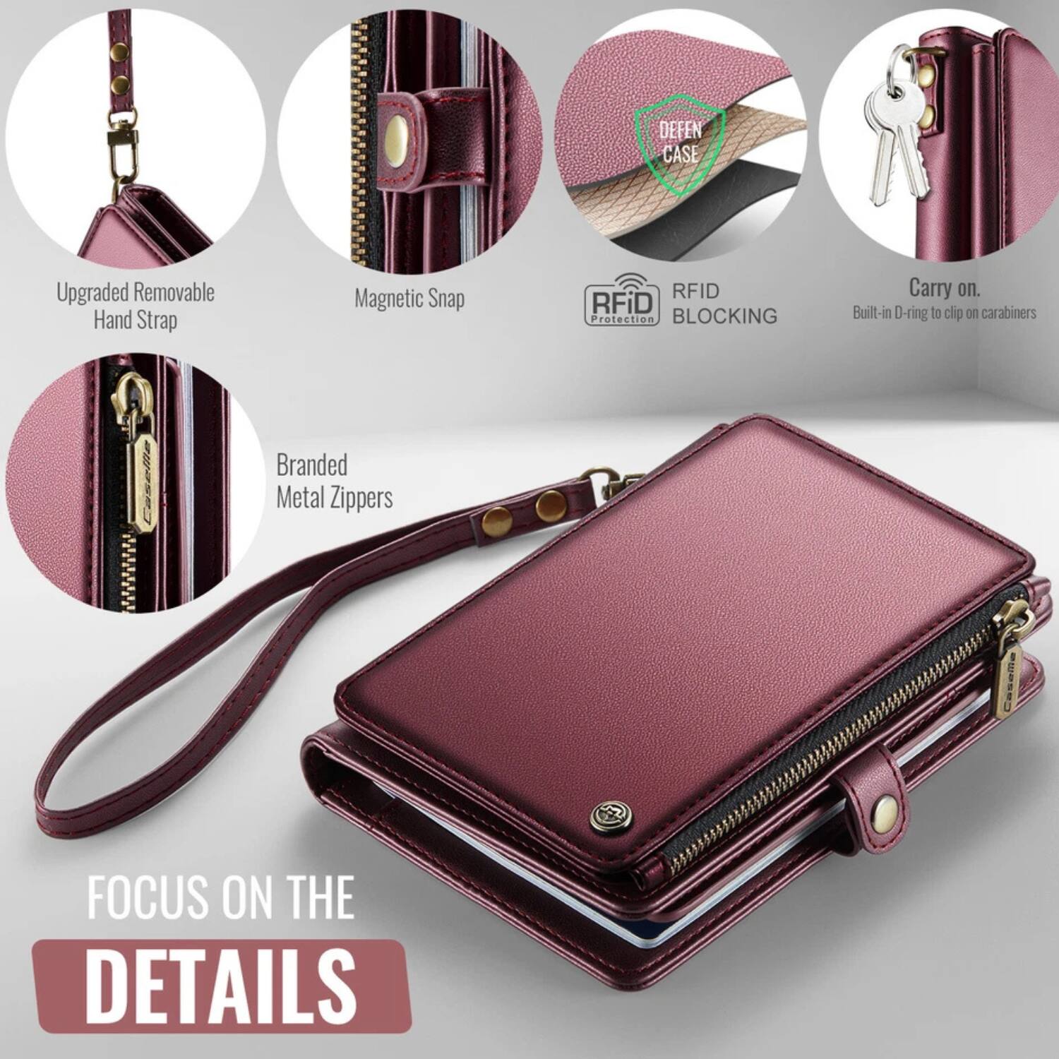 DEFEN CASE

Upgraded Removable Hand Strap

Magnetic Snap

RFID BLOCKING

Branded Metal Zippers

Built-in D-ring to clip on carabiners

Carry on.

FOCUS ON THE DETAILS