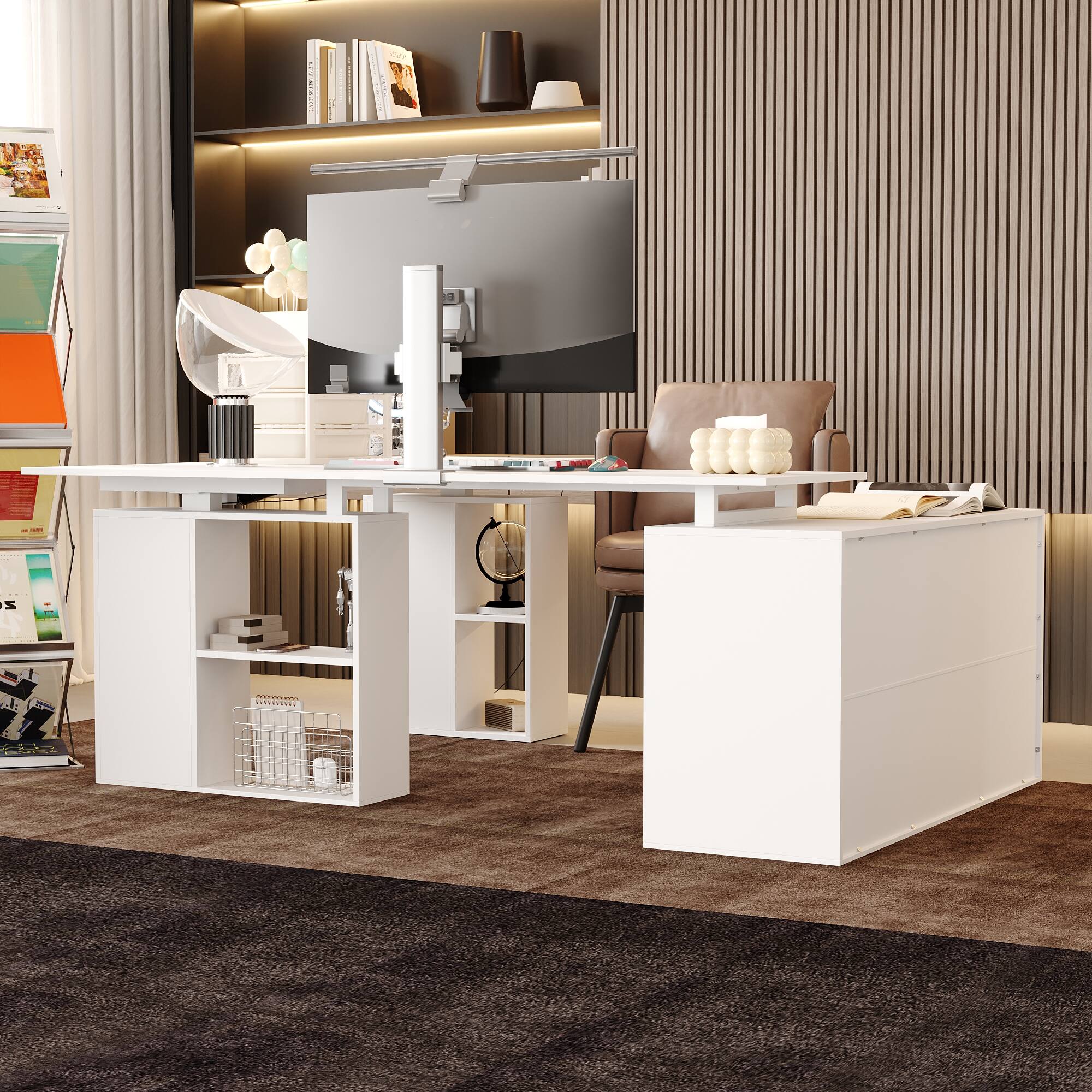 Angle. Famapy - Famapy L - Shaped Electric Standing Desk: Adjustable, Modular & Organized Home Office Desk - White.