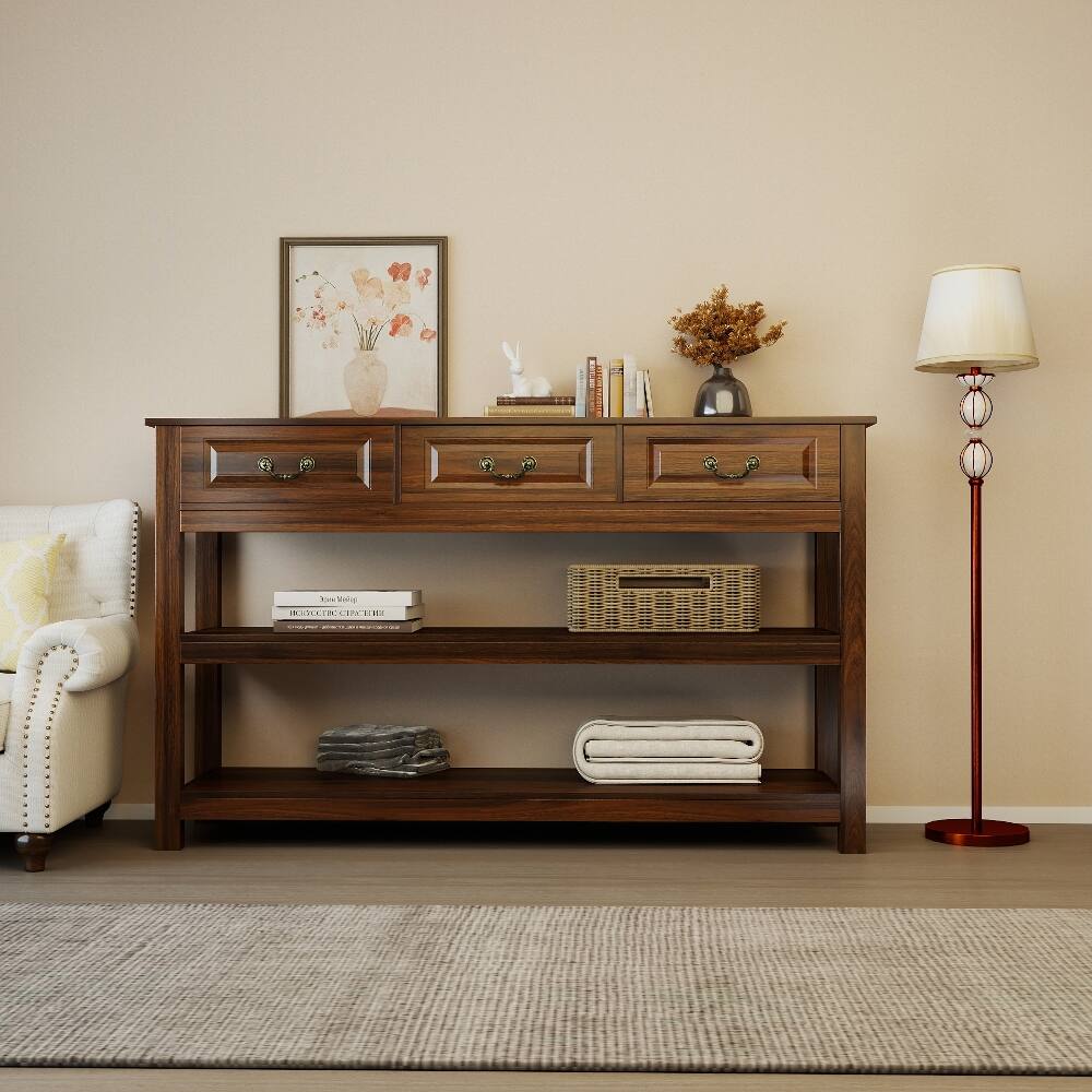 Left. Loheer - Loheer 63 Inch Wood Console Table with 3 Drawers, Rustic Sofa Table with Storage Shelves for Entryway, Walnut - Walnut.
