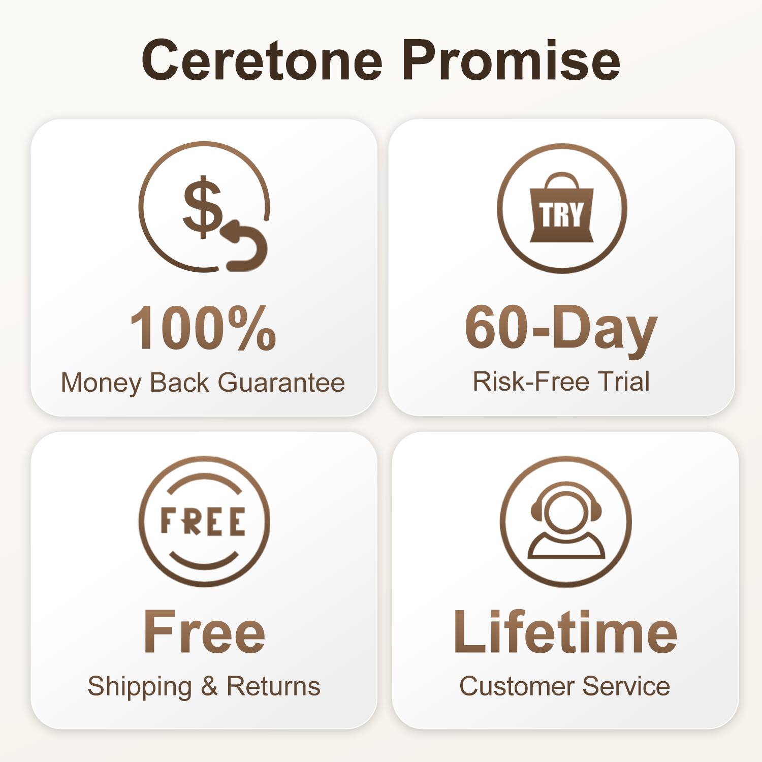 Ceretone Promise

- 100% Money Back Guarantee
- 60-Day Risk-Free Trial
- Free Shipping & Returns
- Lifetime Customer Service