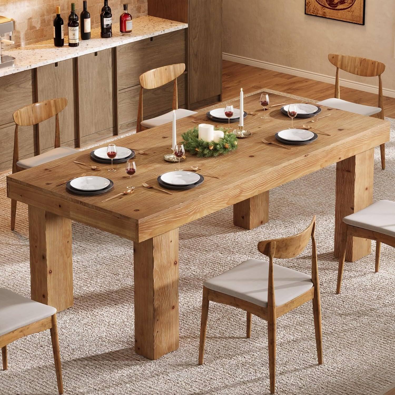 Tribesigns Farmhouse Solid Wood Dining Table with Wood Grain Finish and ...