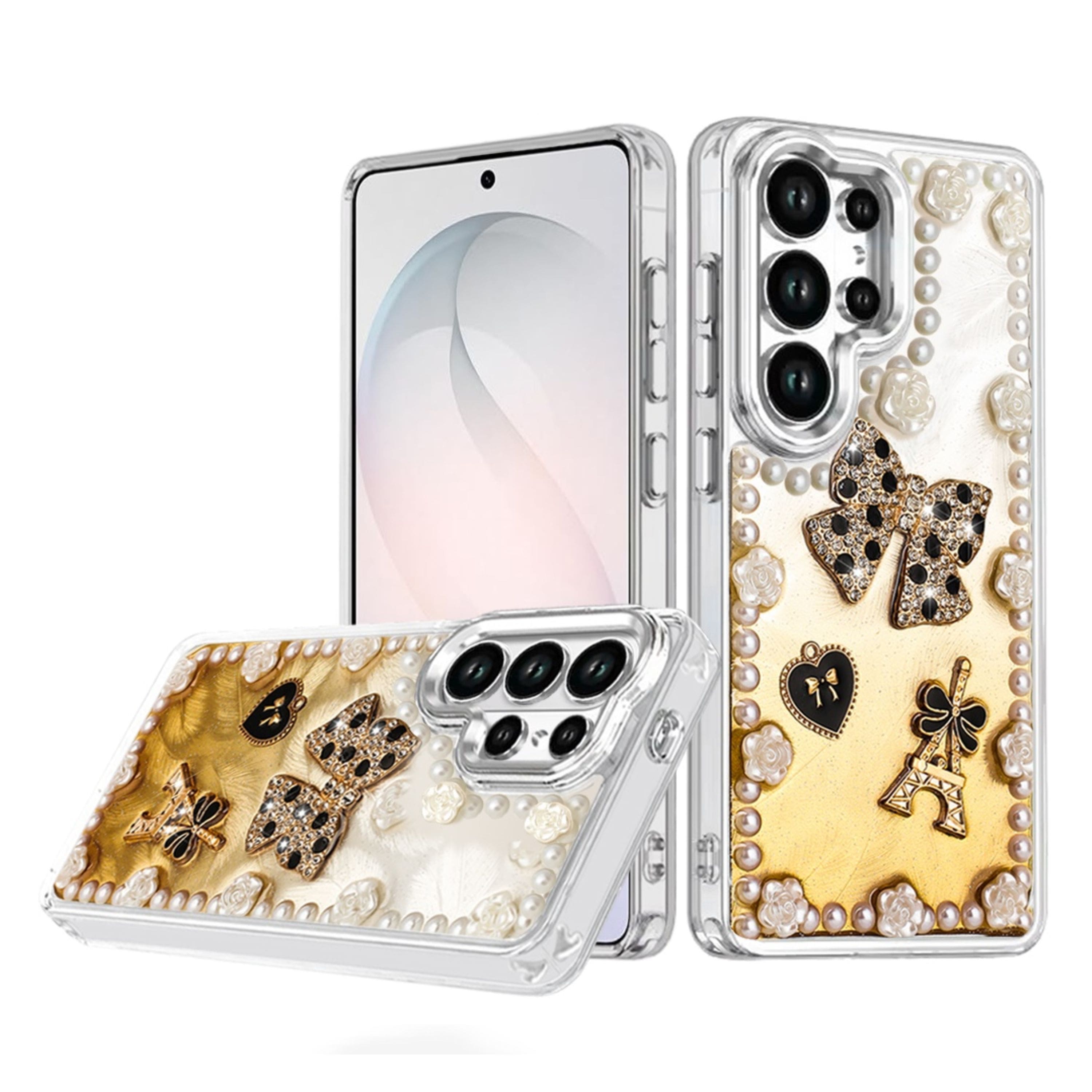 Kitcheniva - Floral And Faux Pearl Trim 3D Charms Design Phone Case With Tempered Glass For Samsung Galaxy S26 Ultra Bow Gold - Multicolor price history on PriceWatchPro
