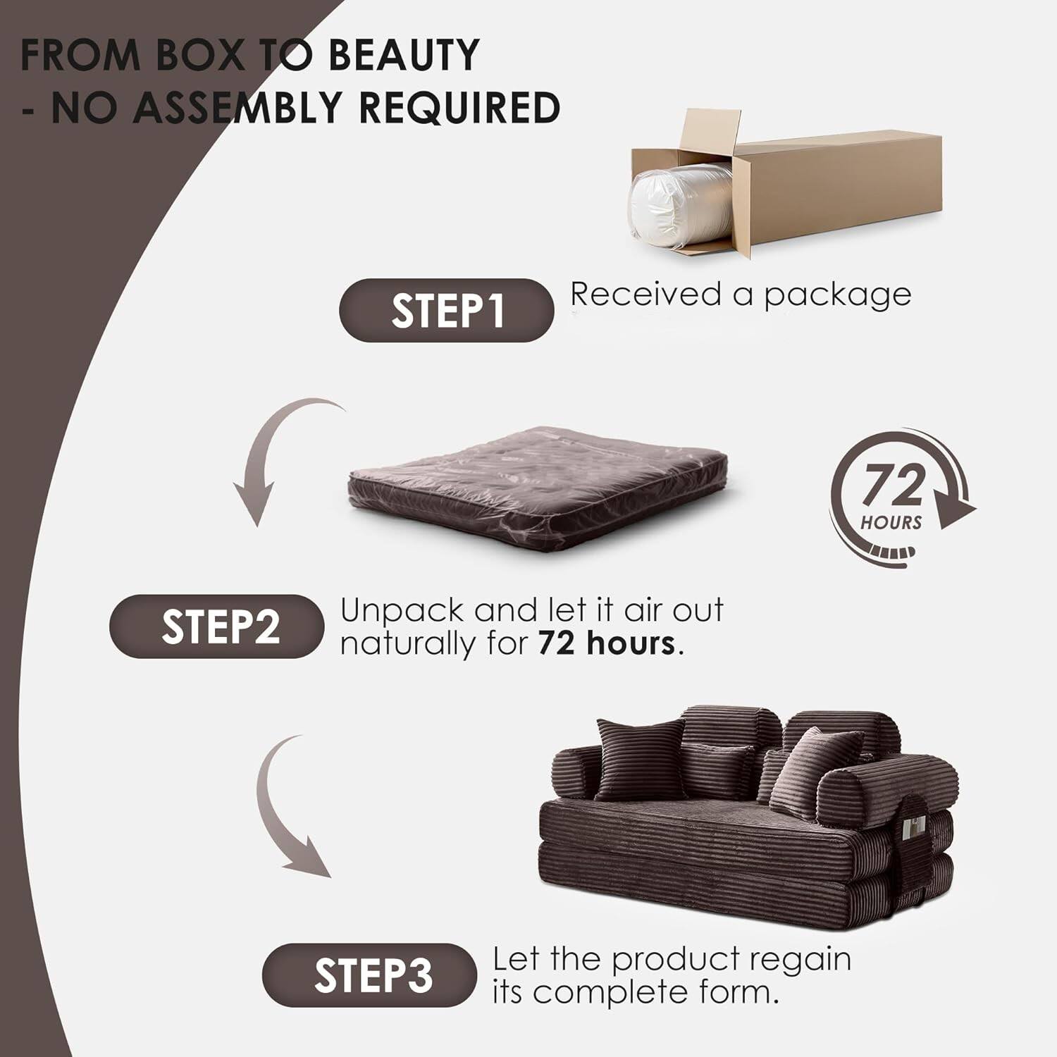 FROM BOX TO BEAUTY  
- NO ASSEMBLY REQUIRED  

STEP1  
Received a package  

STEP2  
Unpack and let it air out naturally for 72 hours.  

STEP3  
Let the product regain its complete form.