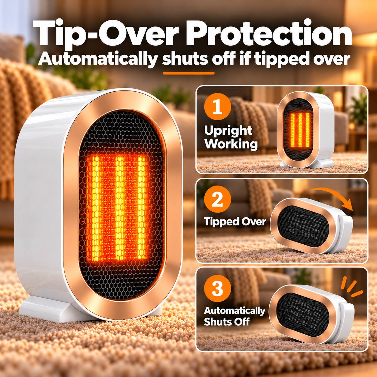 Tip-Over Protection  
Automatically shuts off if tipped over

1. Upright Working
2. Tipped Over
3. Automatically Shuts Off