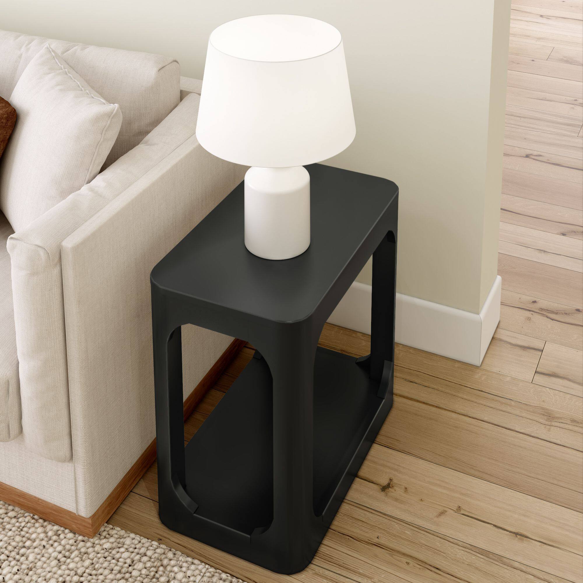 Alt View 4. Plank+Beam - Modern Rounded Rectangular Side Table with Shelf (25in x 15in / 630mm x 375mm), Black - Black.