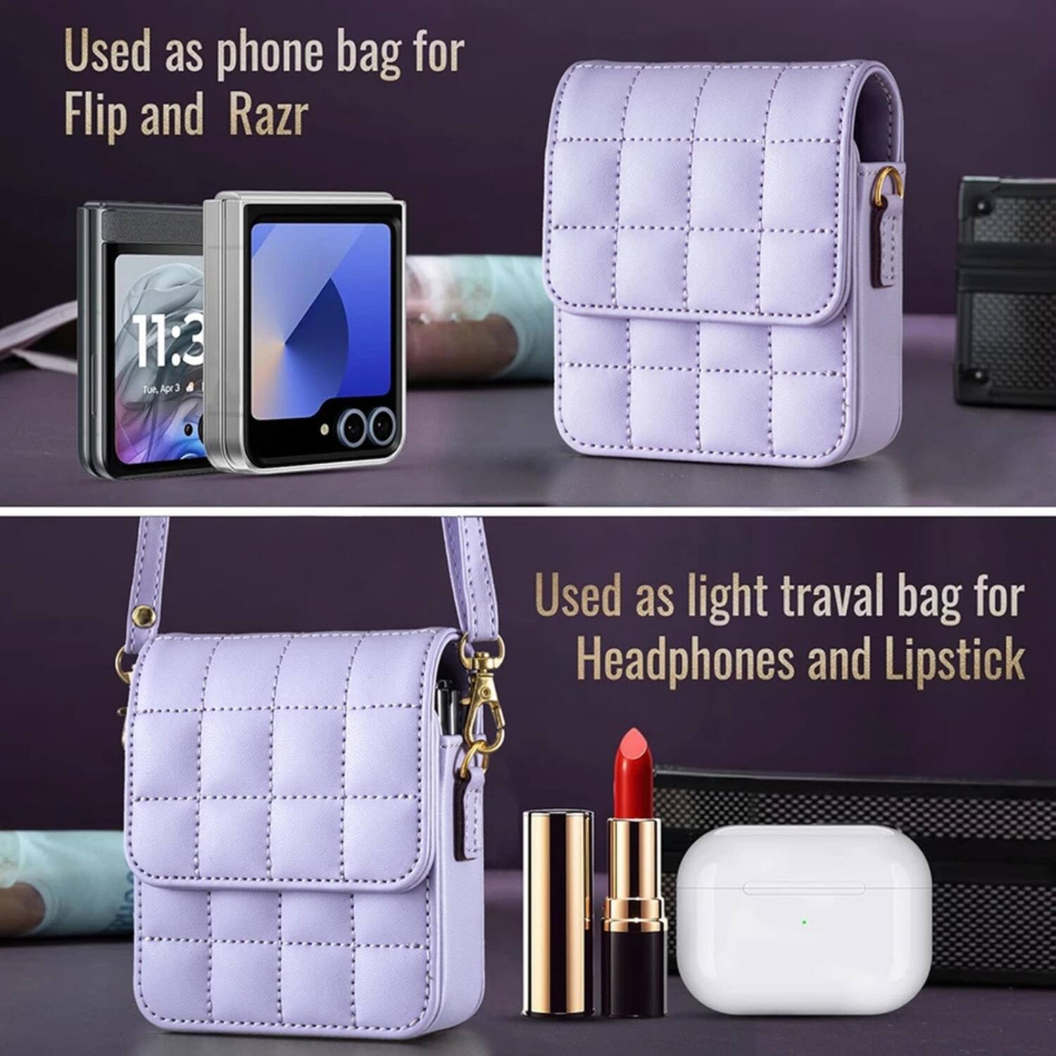 Used as phone bag for Flip and Razr

Used as light travel bag for Headphones and Lipstick