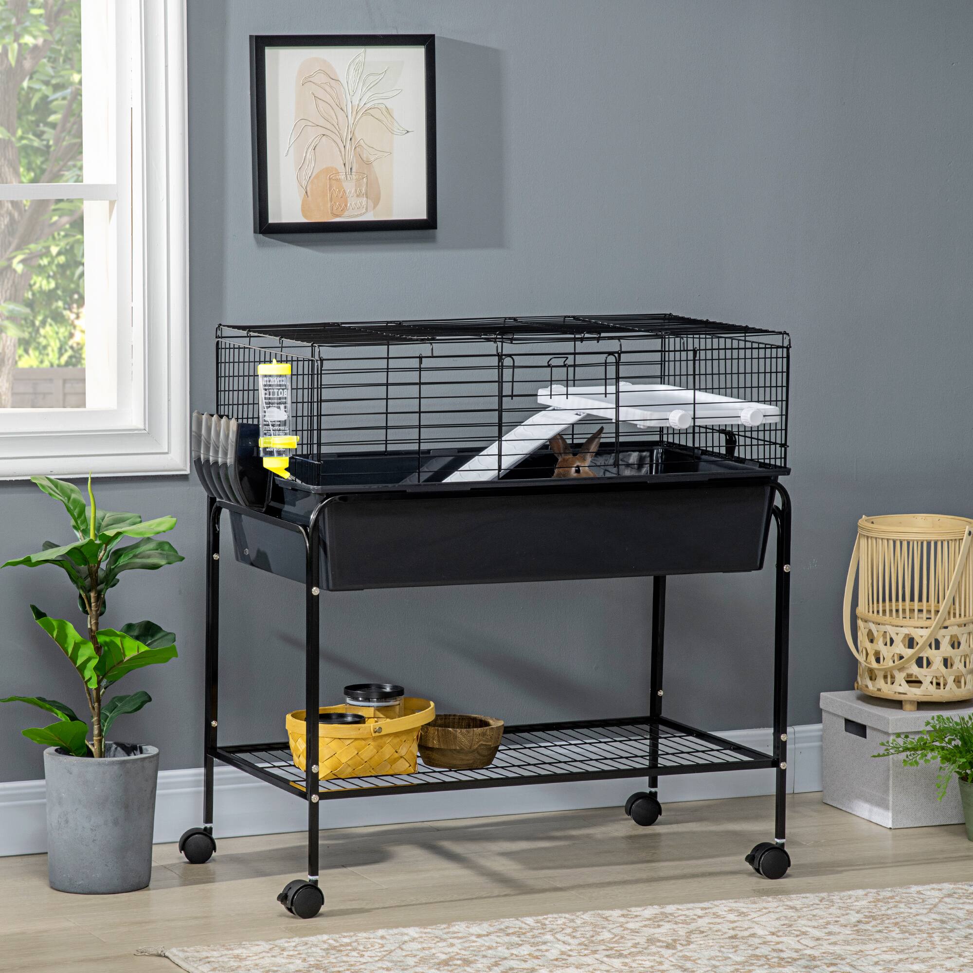 Alt View 1. Pawhut - Small Animal Cage Removable from Stand, Pet Habitat with Shelf & Wheels, 33" x 18.5" x 35".