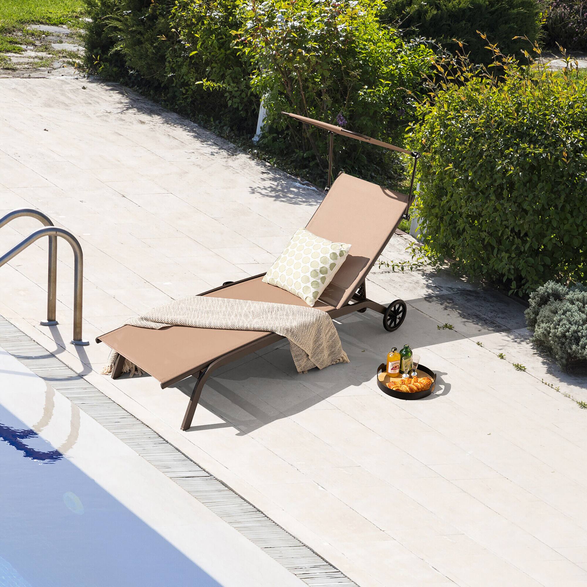 Alt View 2. Gymax - Gymax 2PCS Patio Chaise Lounge Chair Heavy-Duty Lounger Canopy Cup holder Wheeled 6-Level - Brown.