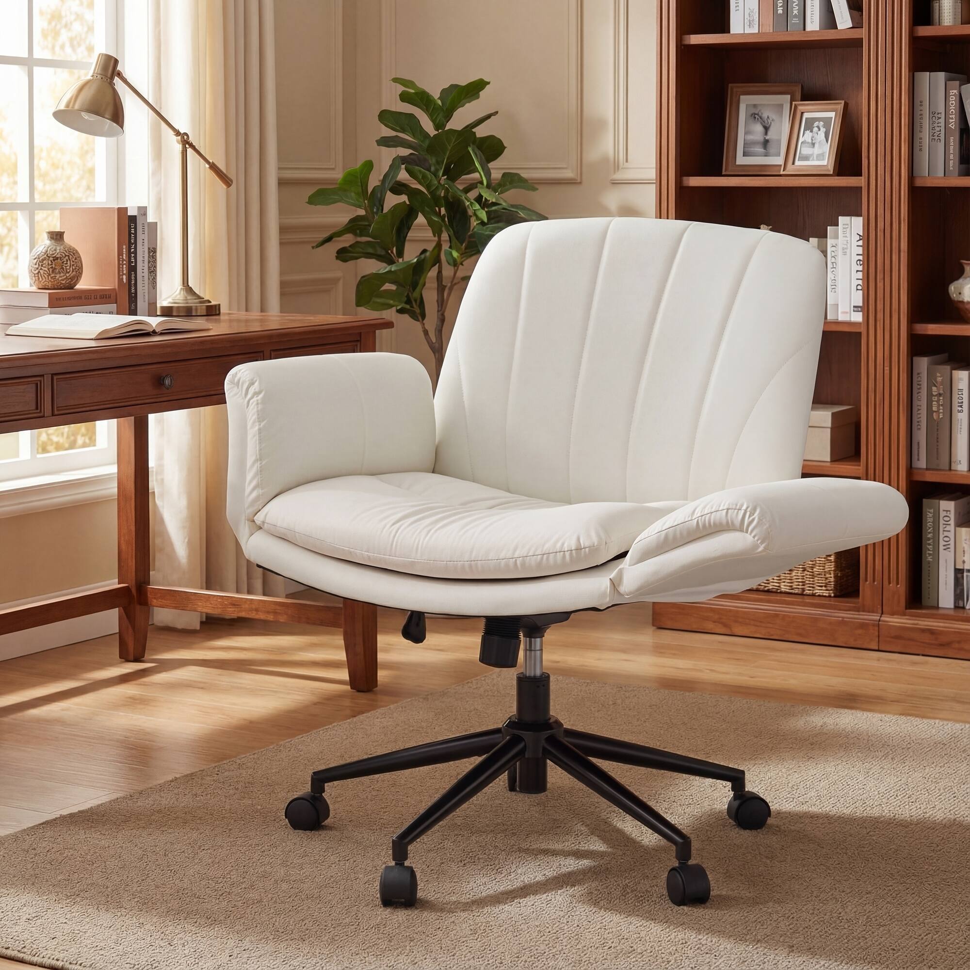 Dowinx - Criss Cross Chair with Five-Level Adjustable Arms and Wheels, Comfortable Ergonomic PU Leather Swivel Vanity Chair - Beige