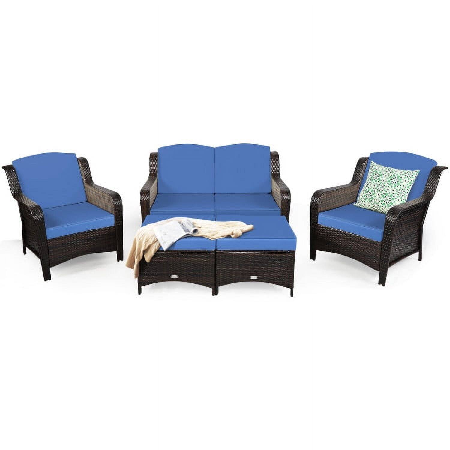 Front. Kadyn - 5 Pcs Patio Cushioned Rattan Furniture Set, All Weather Outdoor Sectional Sofa - Blue.