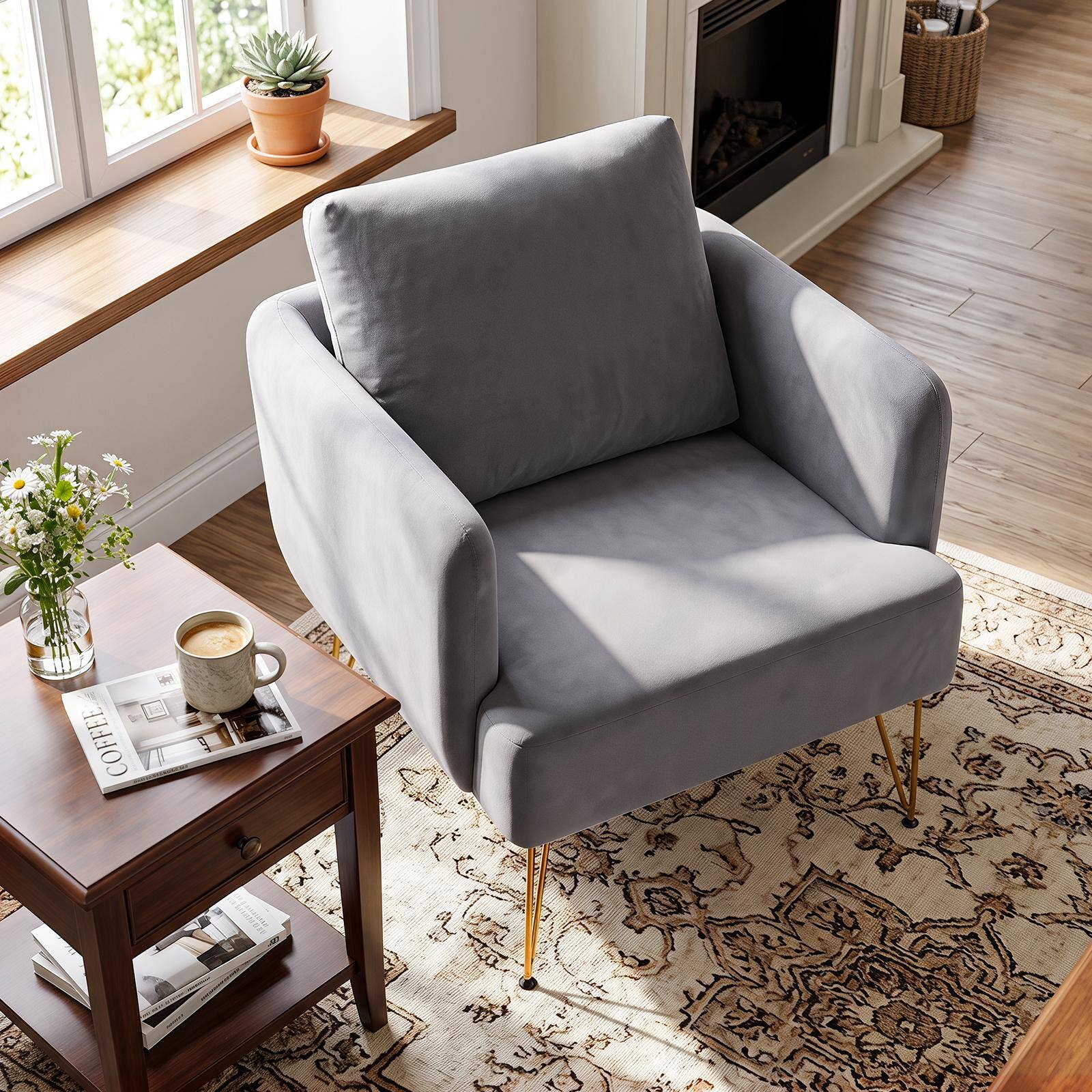 Alt View 3. Costway - Costway 1 PCS Modern Accent Chair with Back Cushion Golden Metal Legs Comfy Sofa Chair for Home - Gray.