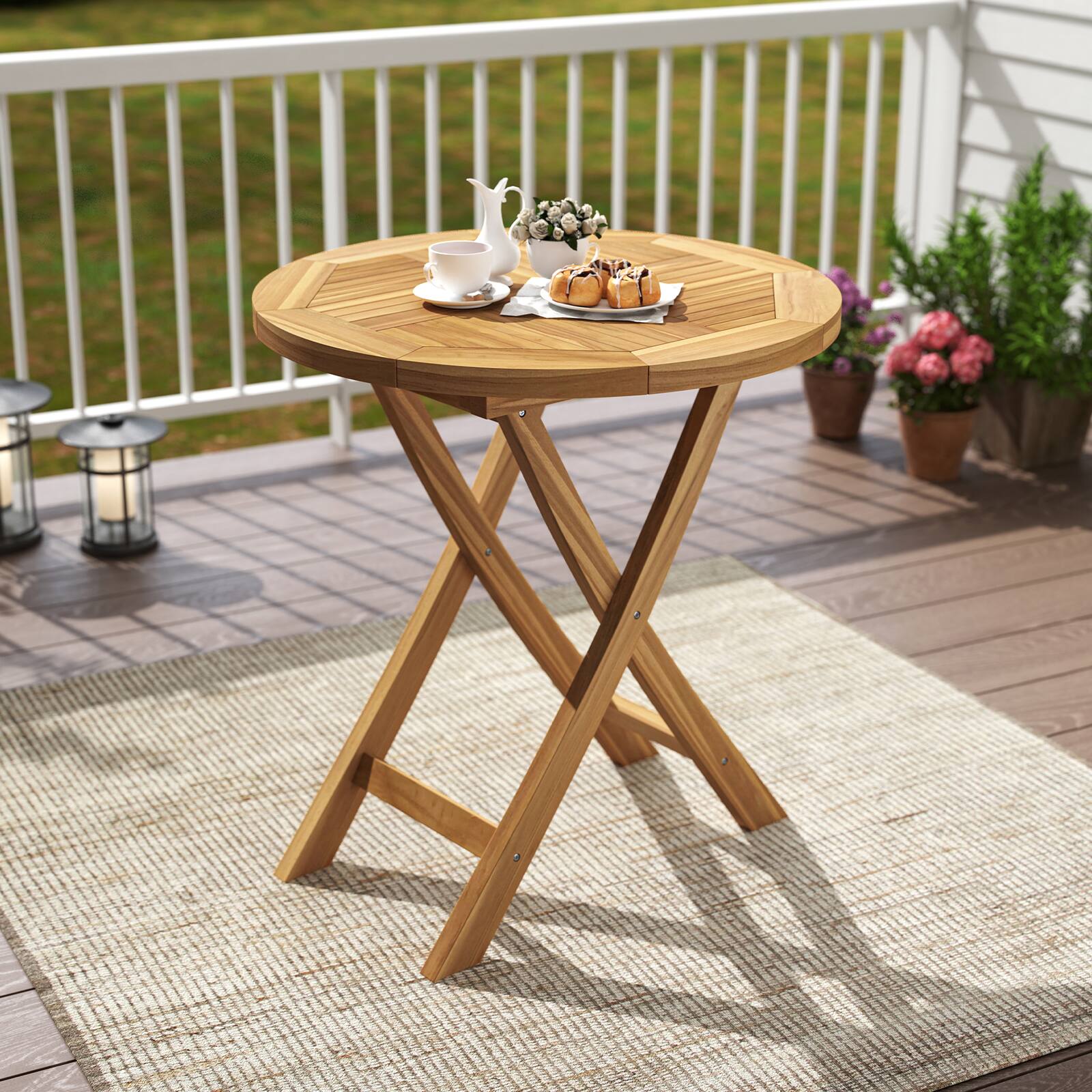 Alt View 1. Gymax - Gymax Patio Teak Wood Dining Table 27.5'' Round Side Table w/ Slatted Tabletop - Natural.