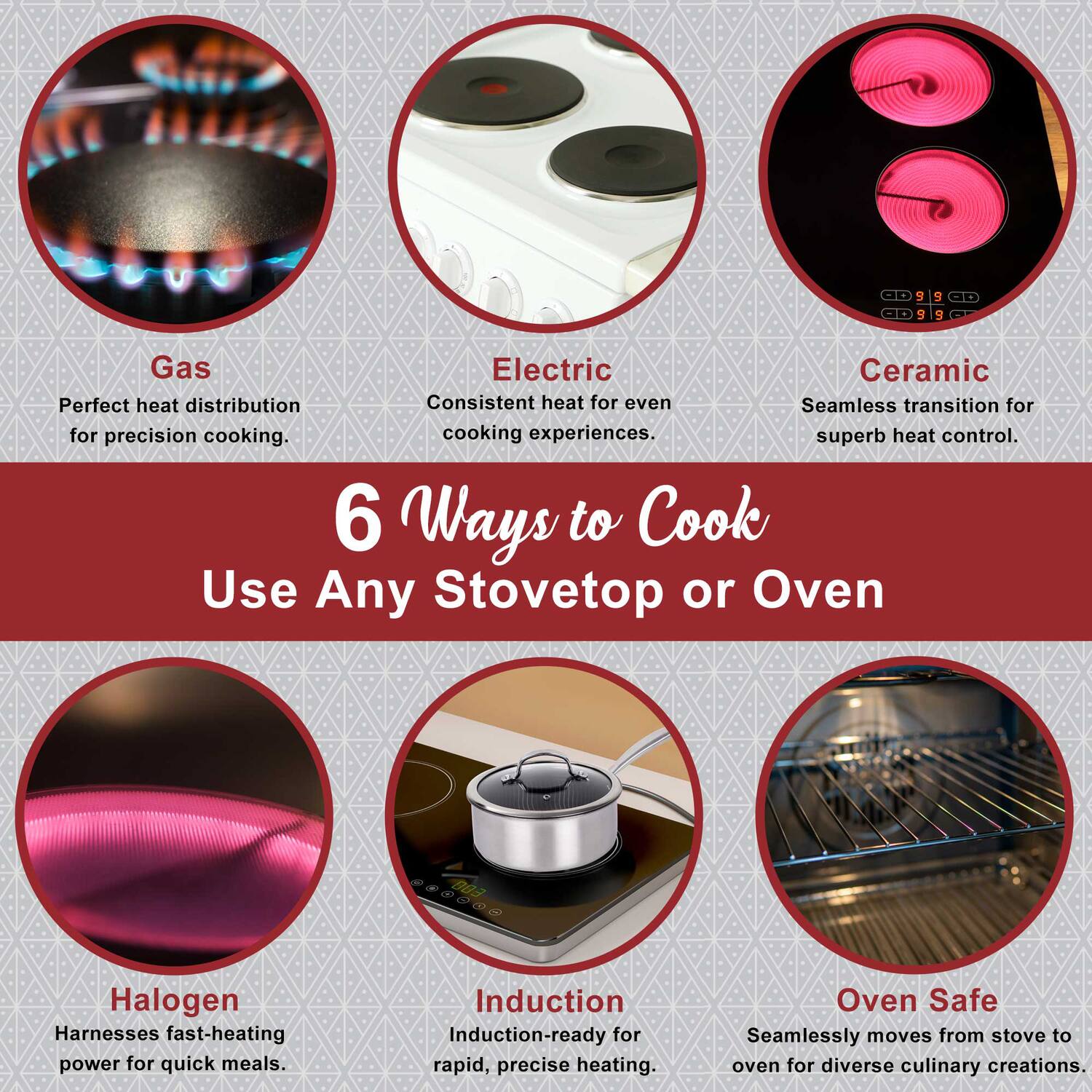 6 Ways to Cook  
Use Any Stovetop or Oven

Gas  
Perfect heat distribution for precision cooking.

Electric  
Consistent heat for even cooking experiences.

Ceramic  
Seamless transition for superb heat control.

Halogen  
Harnesses fast-heating power for quick meals.

Induction  
Induction-ready for rapid, precise heating.

Oven Safe  
Seamlessly moves from stove to oven for diverse culinary creations.