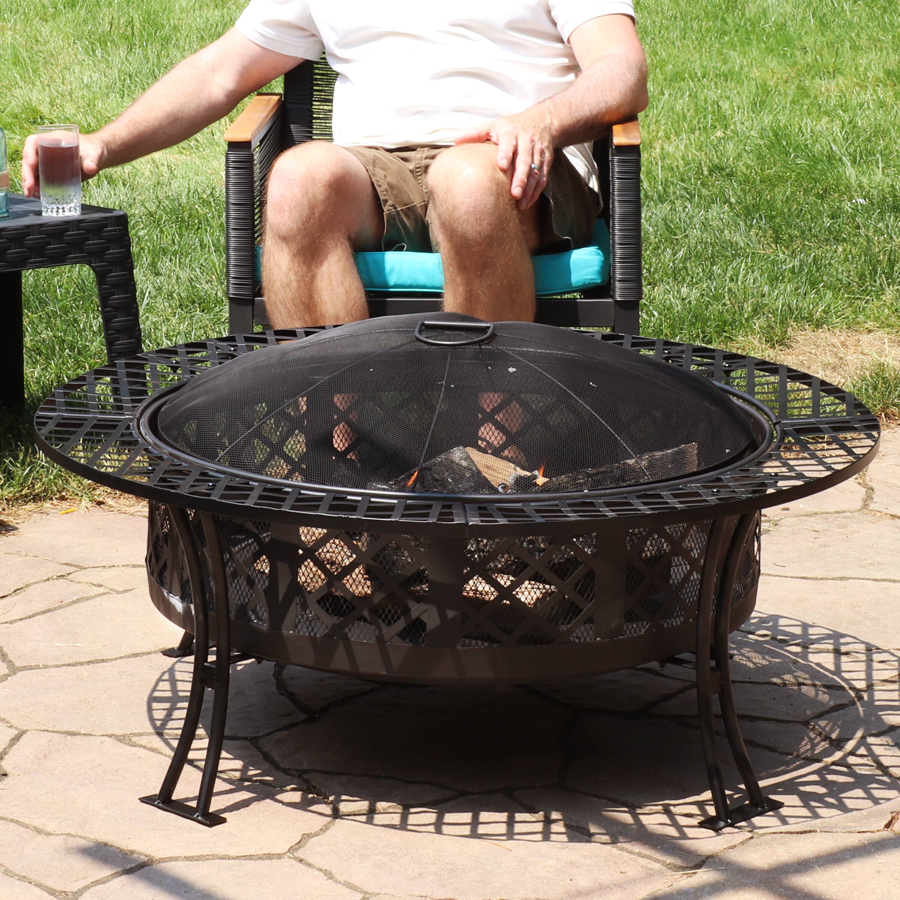 Alt View 10. Sunnydaze - 40 in Diamond Weave Steel Fire Pit with Spark Screen and Poker - Black.