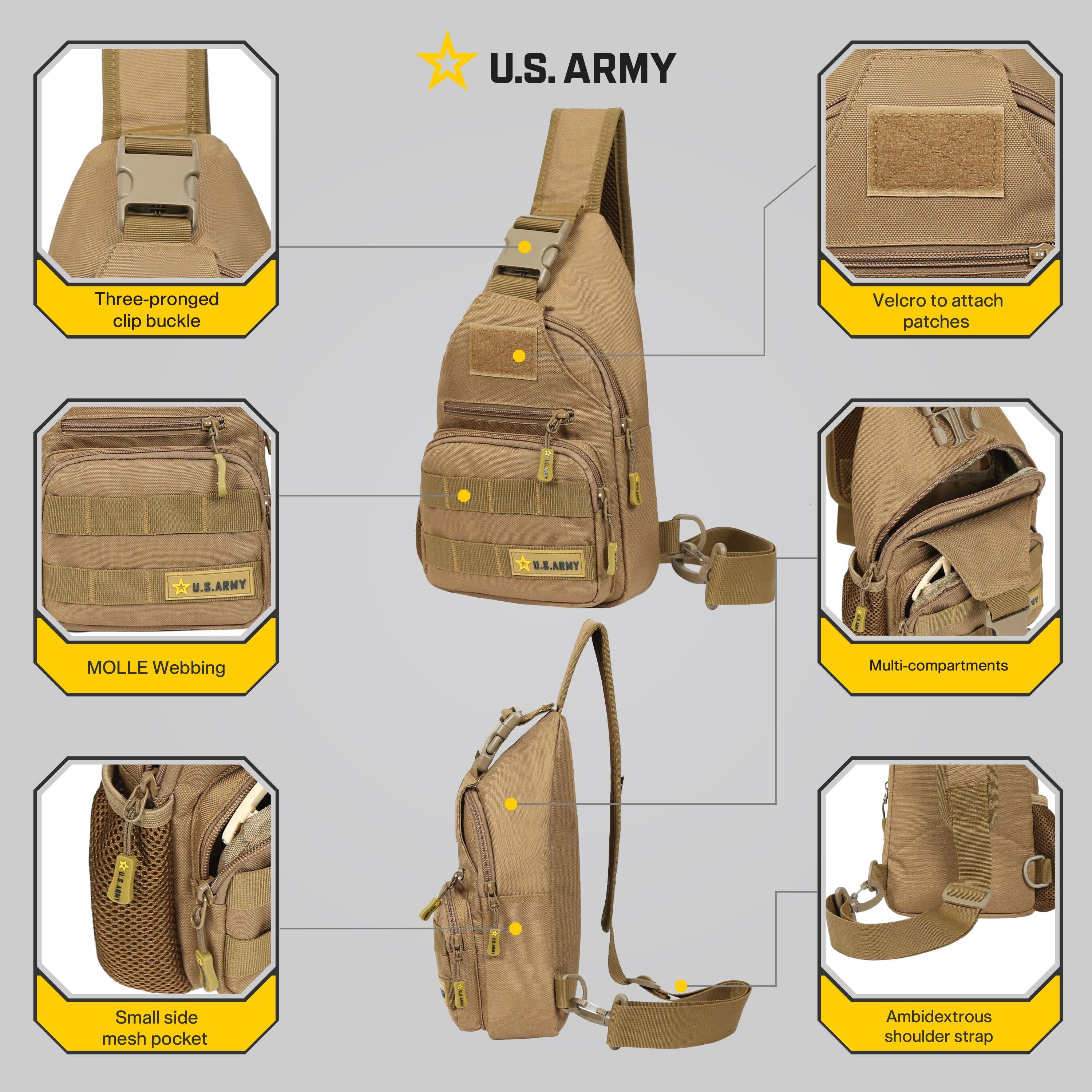 U.S. ARMY

- Three-pronged clip buckle
- Velcro to attach patches
- MOLLE Webbing
- Multi-compartments
- Small side mesh pocket
- Ambidextrous shoulder strap
