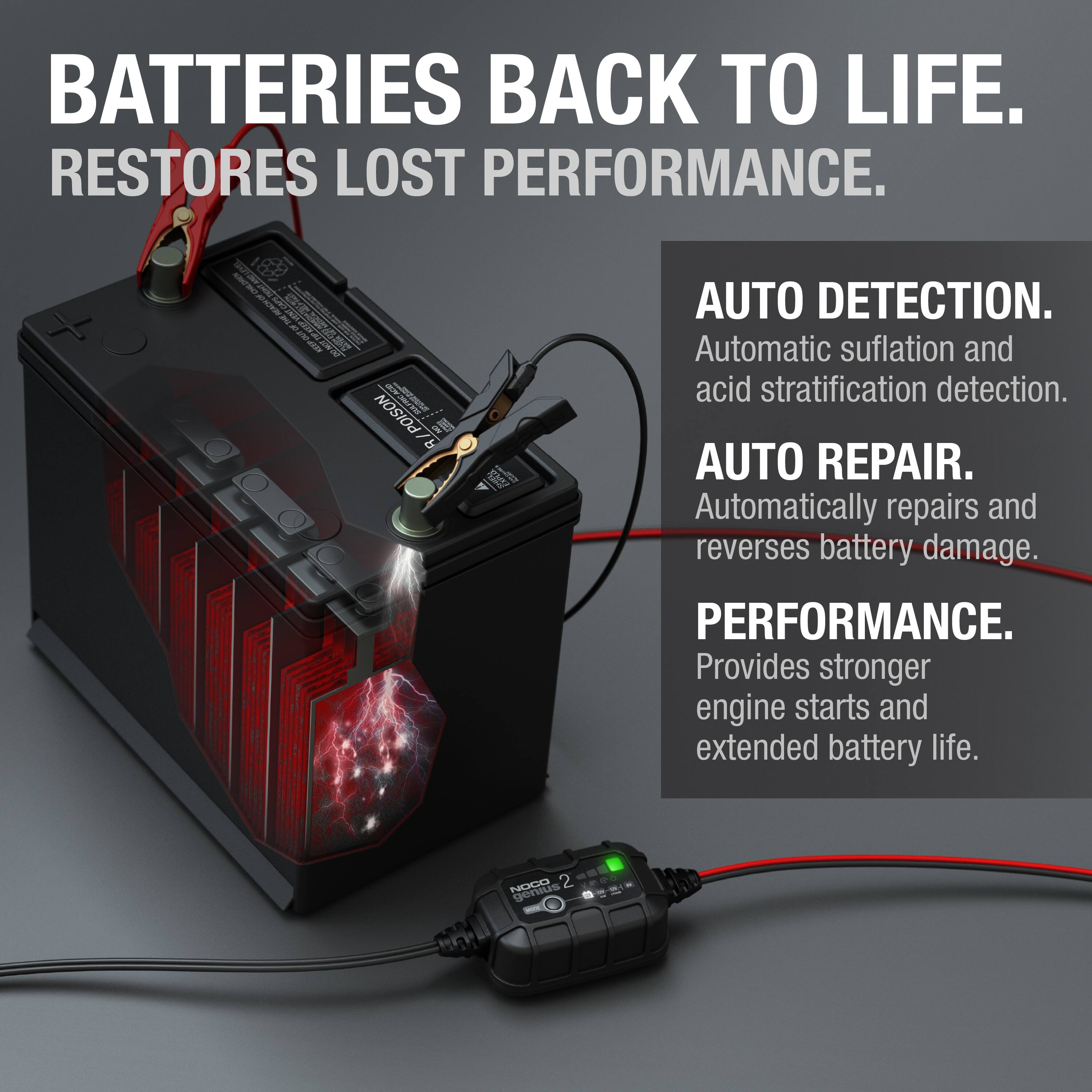 BATTERIES BACK TO LIFE.  
RESTORES LOST PERFORMANCE.

AUTO DETECTION.  
Automatic sulfation and acid stratification detection.

AUTO REPAIR.  
Automatically repairs and reverses battery damage.

PERFORMANCE.  
Provides stronger engine starts and extended battery life.
