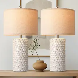Luckbyte - 2-Piece Modern Ceramic Table Lamp Set, Rustic Farmhouse Bedside Nightstand Lamps for Bedroom Living Room - White