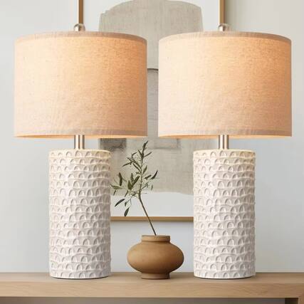 Front. Luckbyte - 2-Piece Modern Ceramic Table Lamp Set, Rustic Farmhouse Bedside Nightstand Lamps for Bedroom Living Room - White.